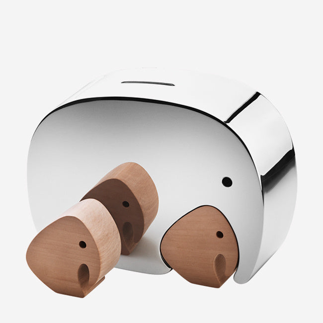 Georg Jensen Moneyphant Twins Money Box - Silver & Brown Piggy Bank for Kids & Adults | Perfect for Savings, Gifts & Home Decor