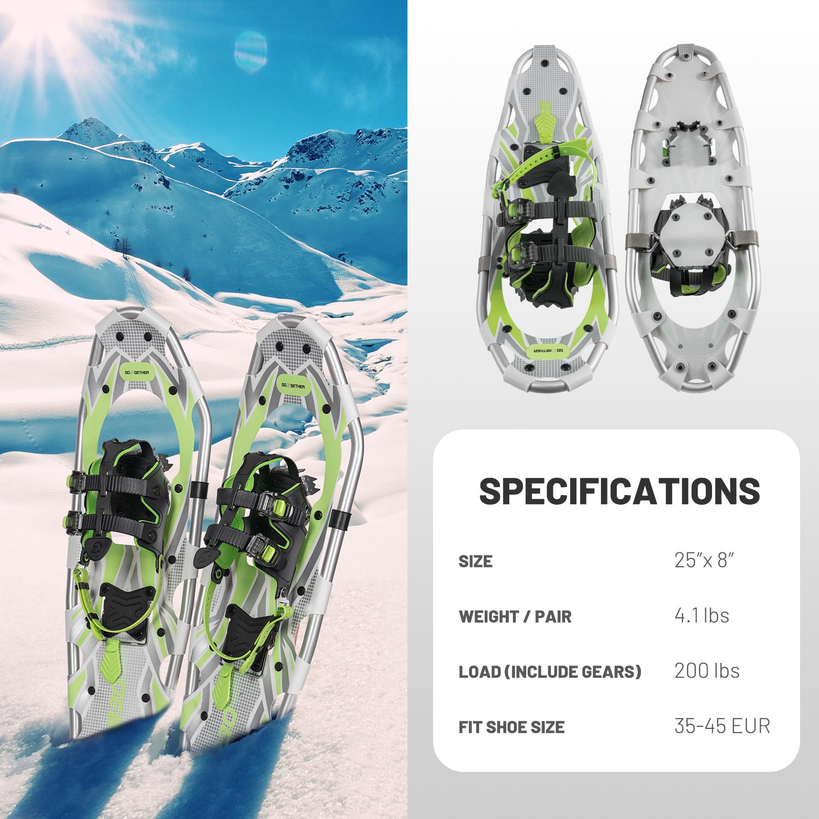 G2 21/25/30/36 Inch Lightweight Snowshoes with Toe Box - EVA Padded Ratchet Binding, Heel Lift & Flexible Pivot Bar - Durable Back Strap, Trekking Poles & Carrying Bag Included - 5 Colors Available - Perfect for Winter Hiking, Backpacking & Snow Trekking Adventures