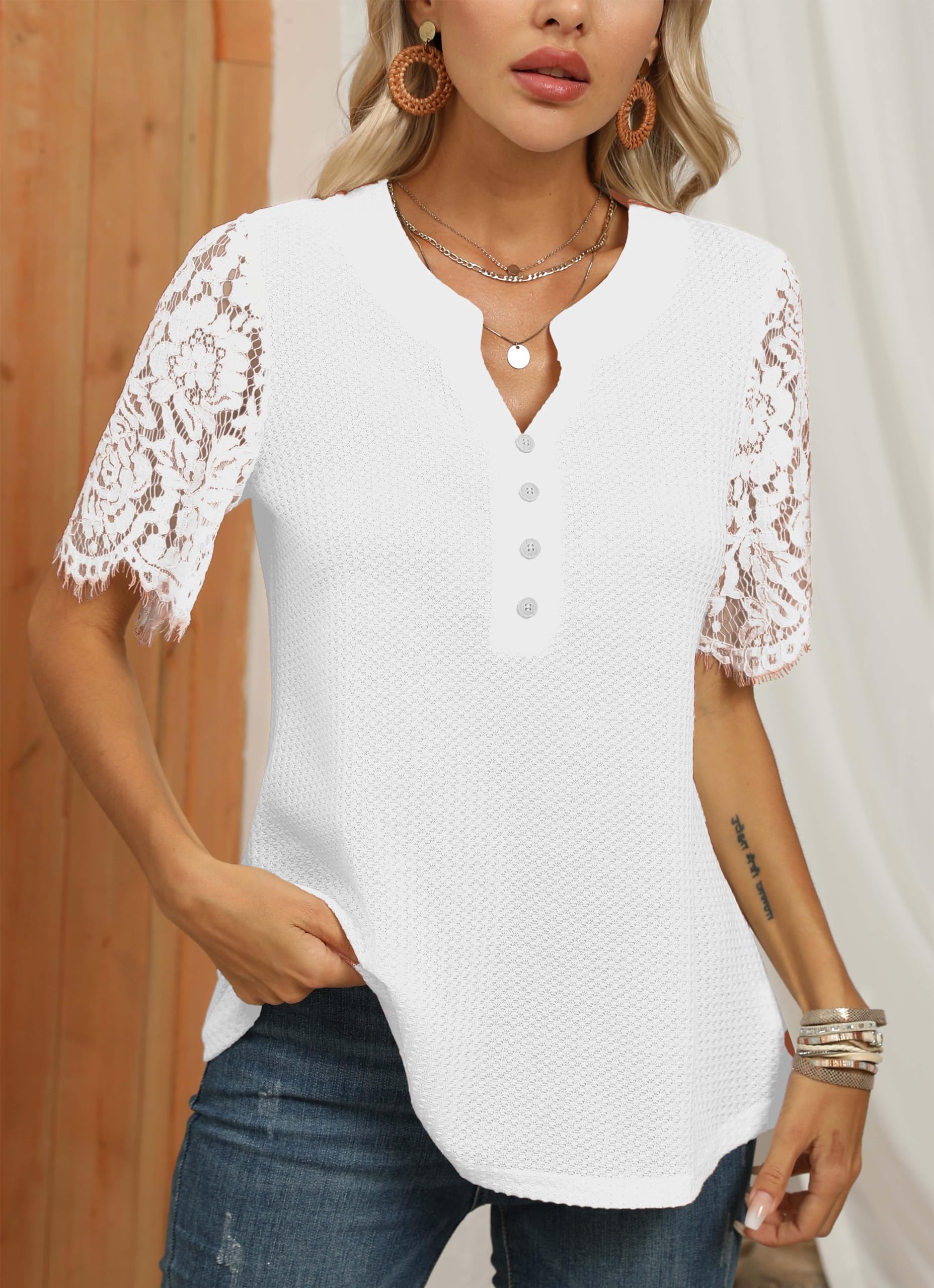 Women's Summer V Neck Waffle Knit Shirt - Casual Short Sleeve Tunic Blouse with Button Up & Lace Detail - Perfect for Beach Outings, Office Wear and Weekend Brunch