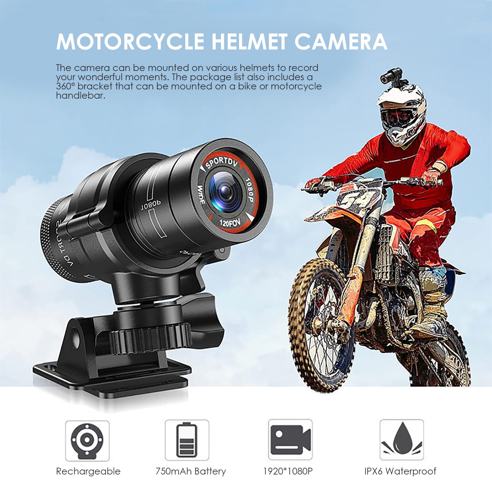 Yunseity Helmet Camera for Bicycle & Motorcycle - 1080P HD Sports Action Camera with 120° Wide Angle, Built-in Mic, Waterproof - Includes Helmet Mount & Strap - Perfect for Cycling, Motorcycling & Extreme Sports