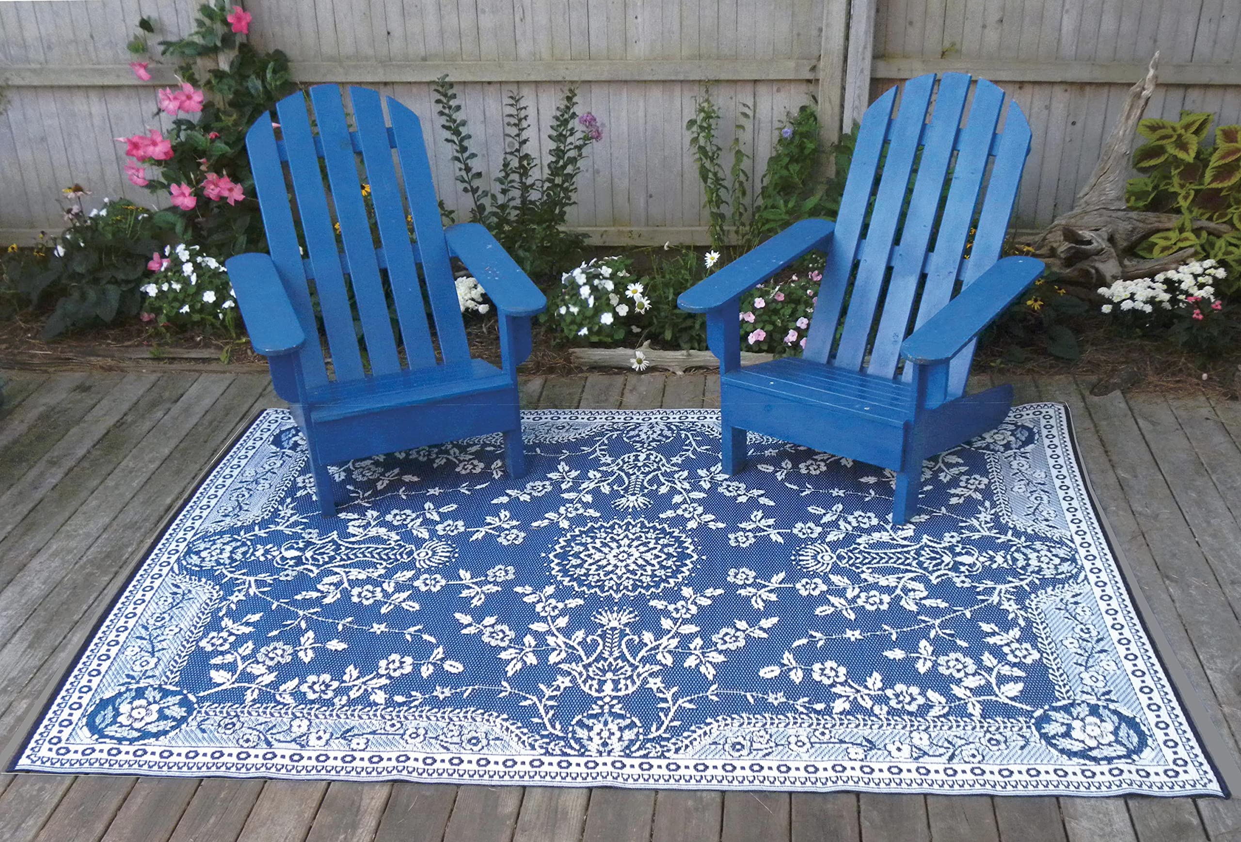 Mad Mats Traditional Outdoor Rug - Reversible Plastic Mat 6' x 9' Oriental Garland Blue/White - Perfect for Patio, Deck, Poolside & Garden Decor