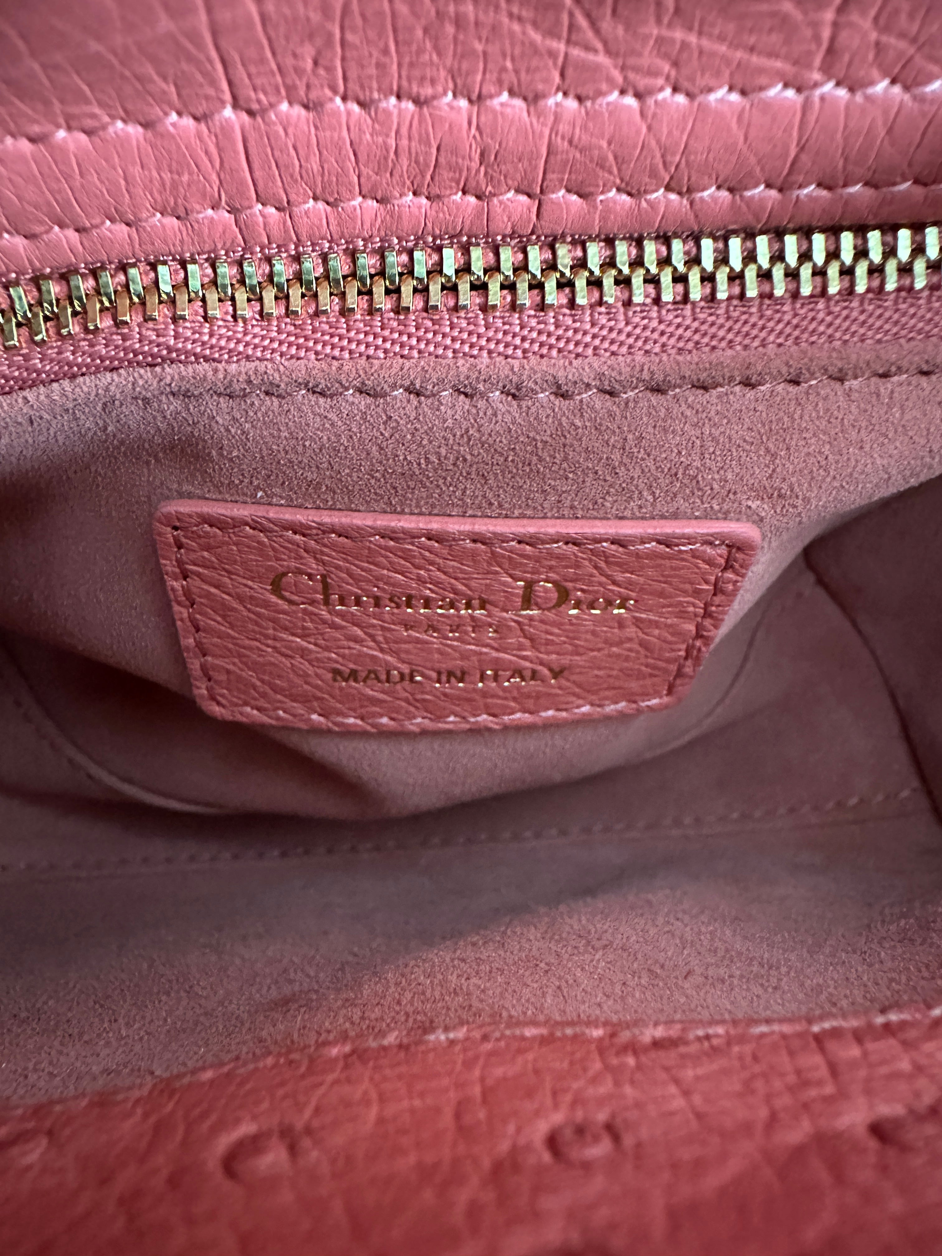 Christian Dior Lady Dior Mini Bag in Pink Ostrich Leather - Luxury Crossbody Purse for Women, Perfect for Evening Parties & Special Occasions