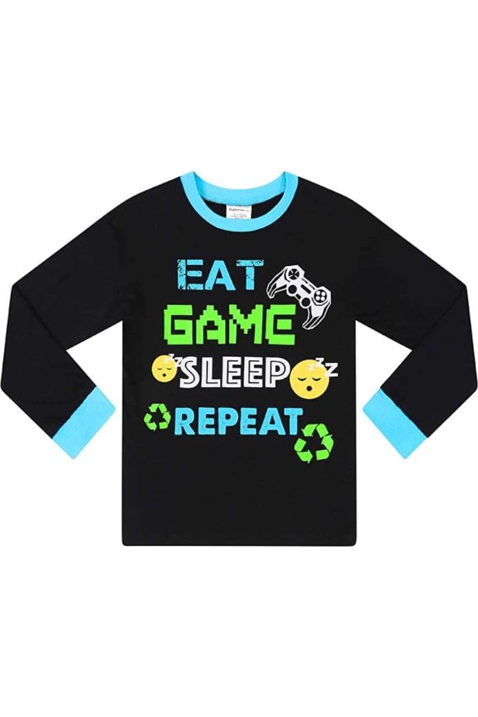 Boys Eat Game Sleep Controller Black Green Long Sleeve Pajama Set - Soft & Comfortable Kids PJS for Bedtime, Gaming & Lounge Wear