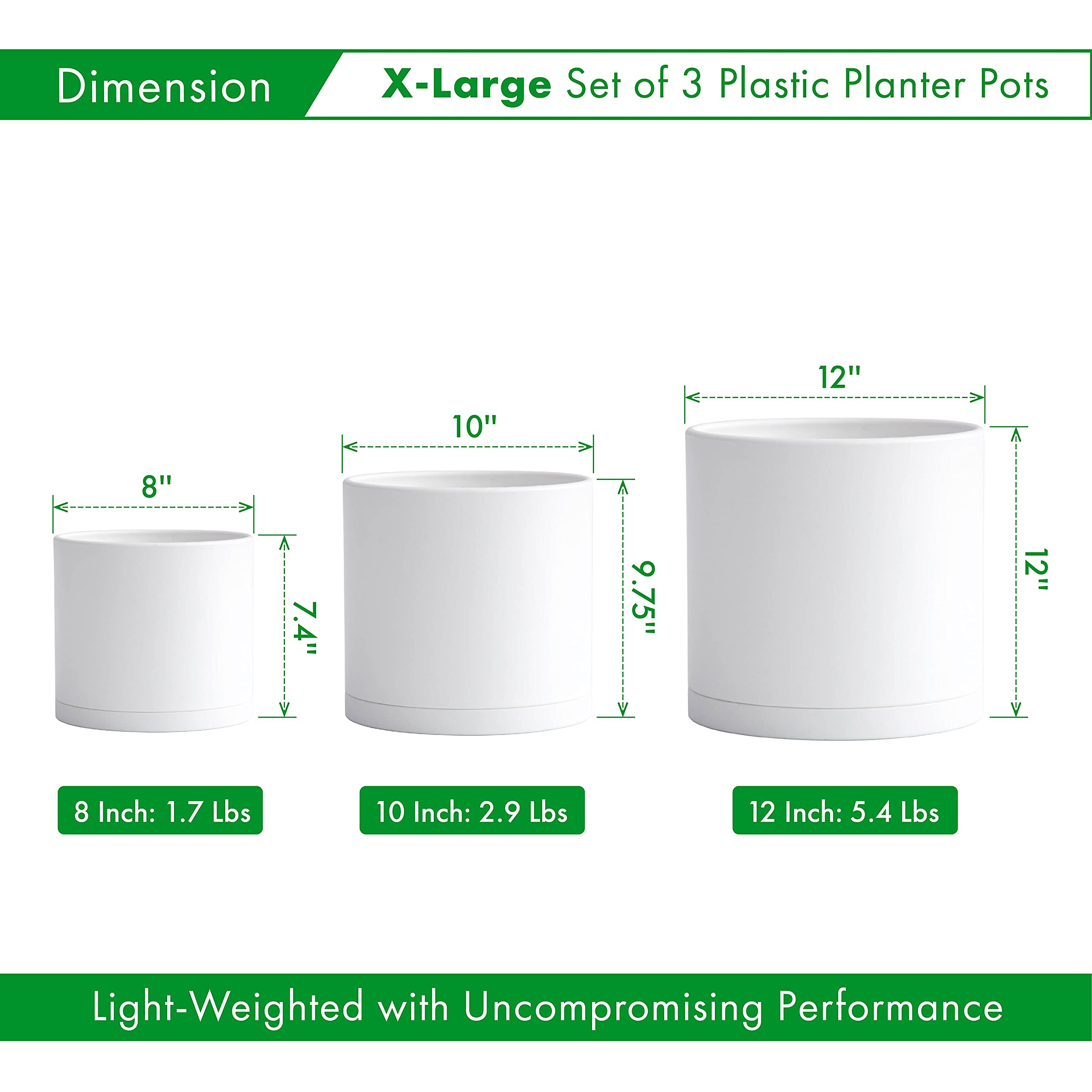 D'vine Dev Set of 3 Plastic Plant Pots - 8, 10 & 12 Inch White Planters with Drainage Holes & Saucers - Indoor/Outdoor Flower Pots for Home, Garden & Office Decor