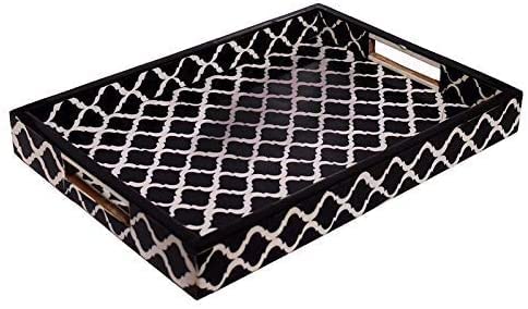Handcrafted Bone Inlay Serving Tray - Decorative Wooden Ottoman Tray for Food, Breakfast in Bed | Black Home Decor Serving Platter | Perfect for Entertaining, Dining, and Gift Giving - Fairdeal Handicrafts