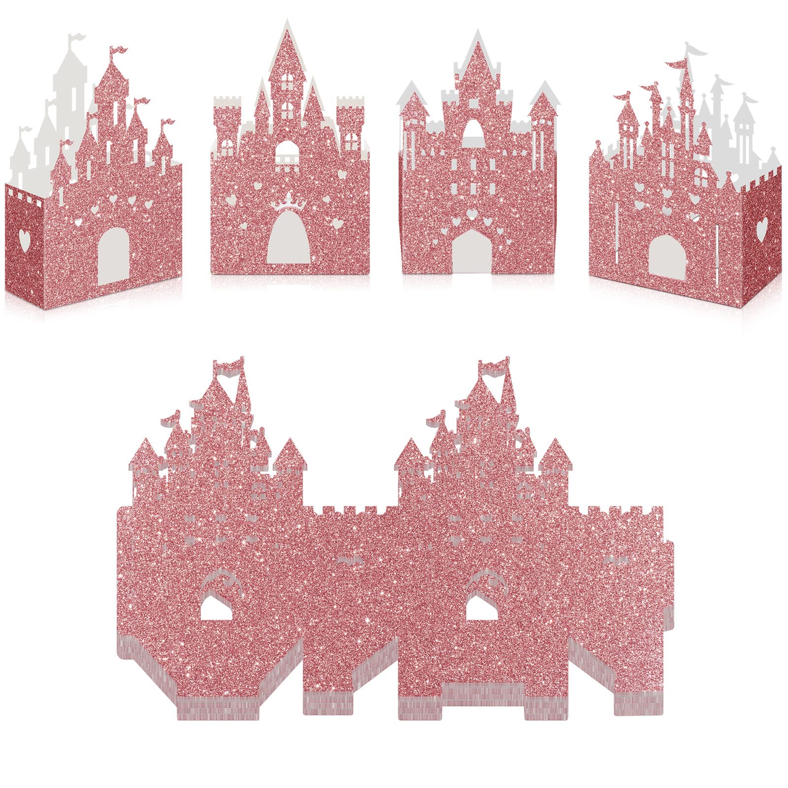 24-Piece Glitter Rose Gold Princess Castle Candy Boxes - Elegant Wedding & Birthday Party Favors, Decorations for Princess Themed Celebrations, Baby Showers, Bridal Showers, and Special Events