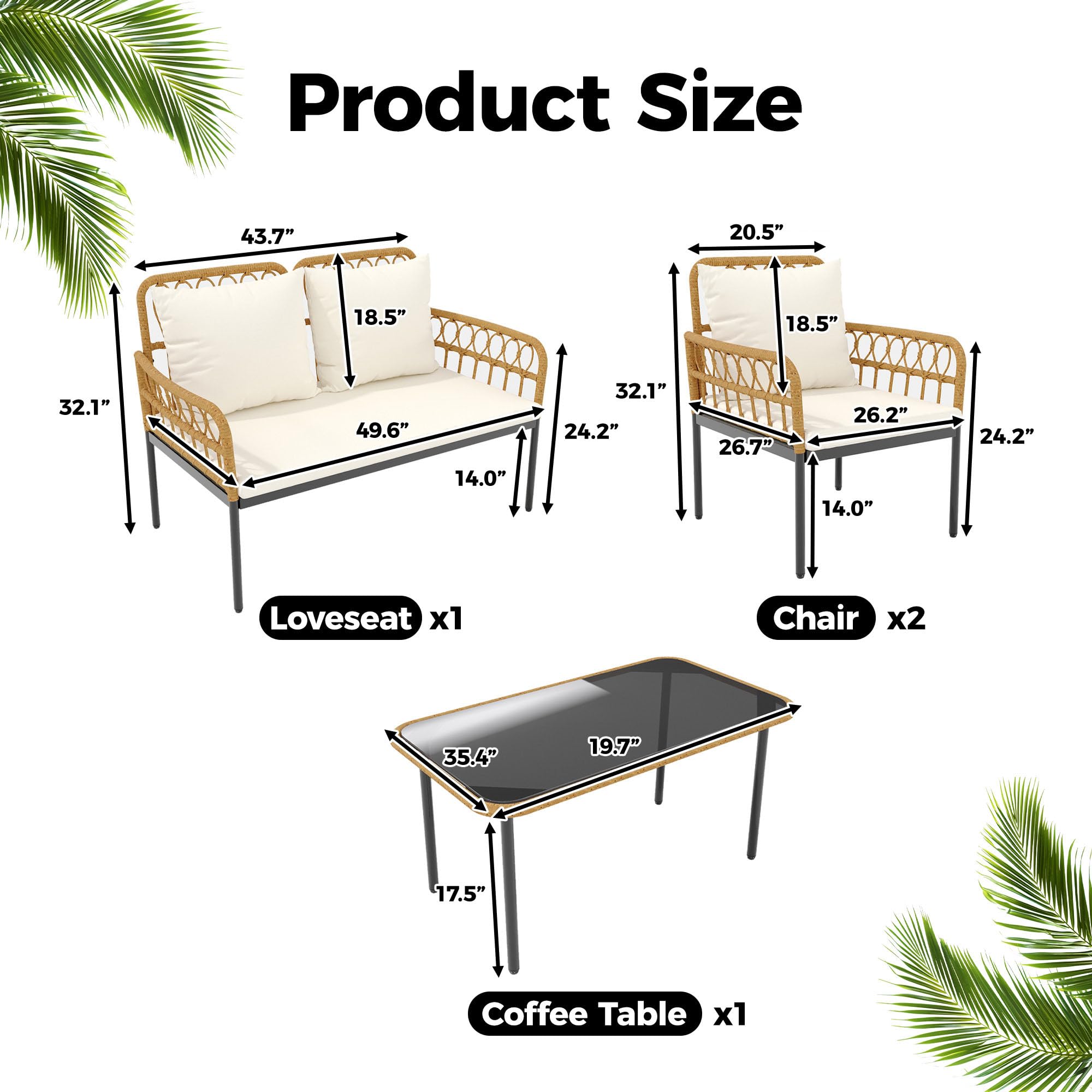 GARVEE 4-Piece All-Weather Wicker Patio Bistro Set with Glass Top Coffee Table, Loveseat & 2 Armchairs - Includes Cushions - Boho Outdoor Furniture for Backyard, Garden, Balcony or Poolside - Beige