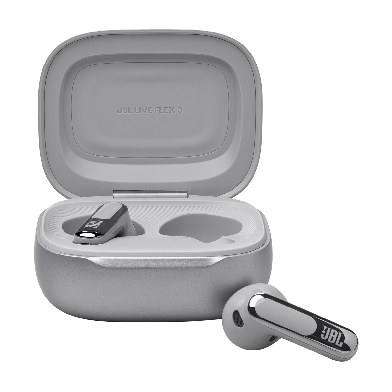 JBL Live Flex 3 Wireless Bluetooth Earbuds - 50H Battery, Adaptive Noise Cancelling, Hi-Res Audio, IP54 Waterproof, Open-Back Design (Silver) | Perfect for Gym, Commuting & Travel