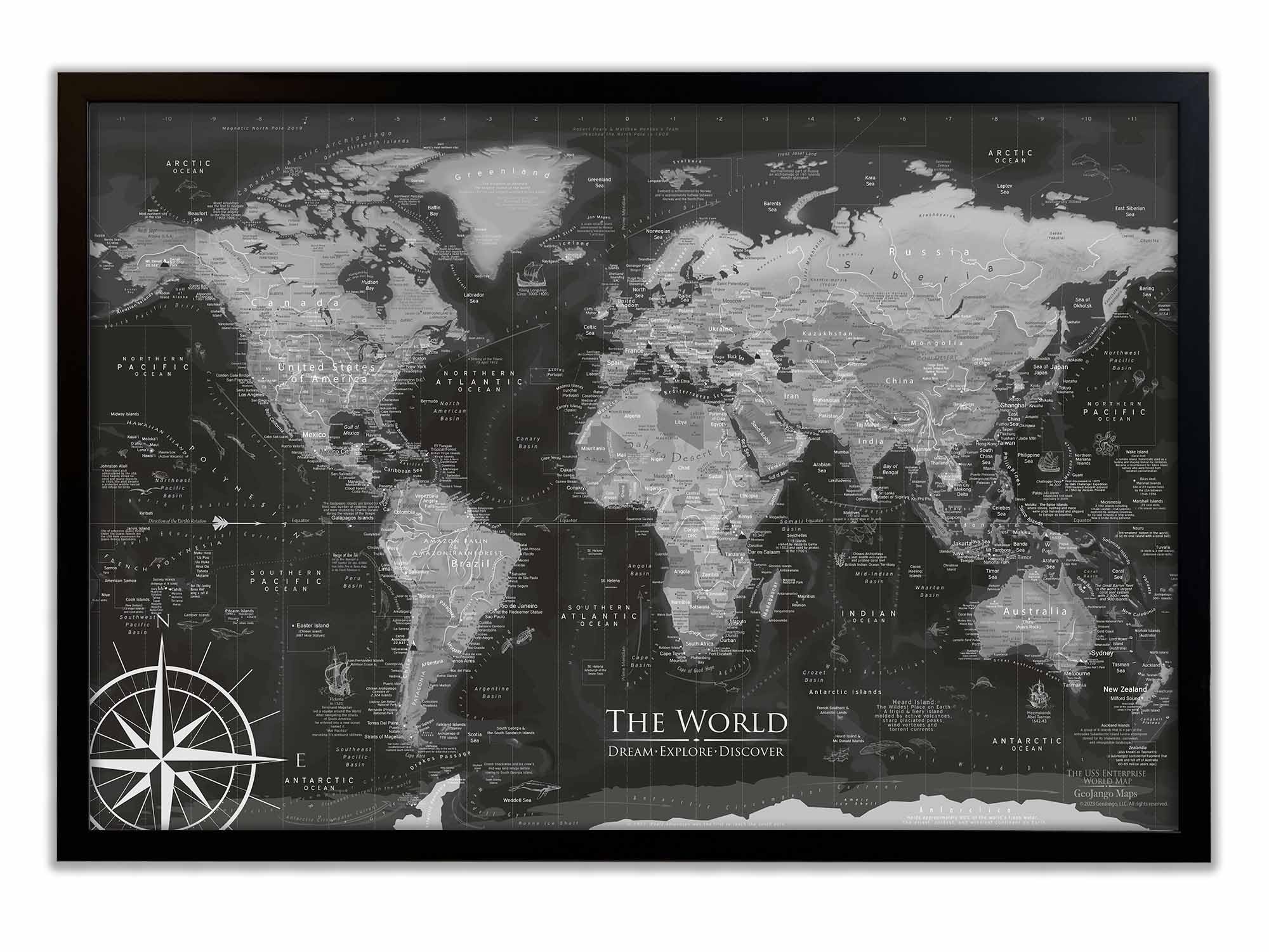 Custom Push Pin World Travel Map with Pins - Large Framed or Stretched Canvas Wall Art - Black & White Edition | Handmade Home Decor for Office, Living Room & Bedroom | Perfect Gift for Travel Lovers & Adventure Enthusiasts