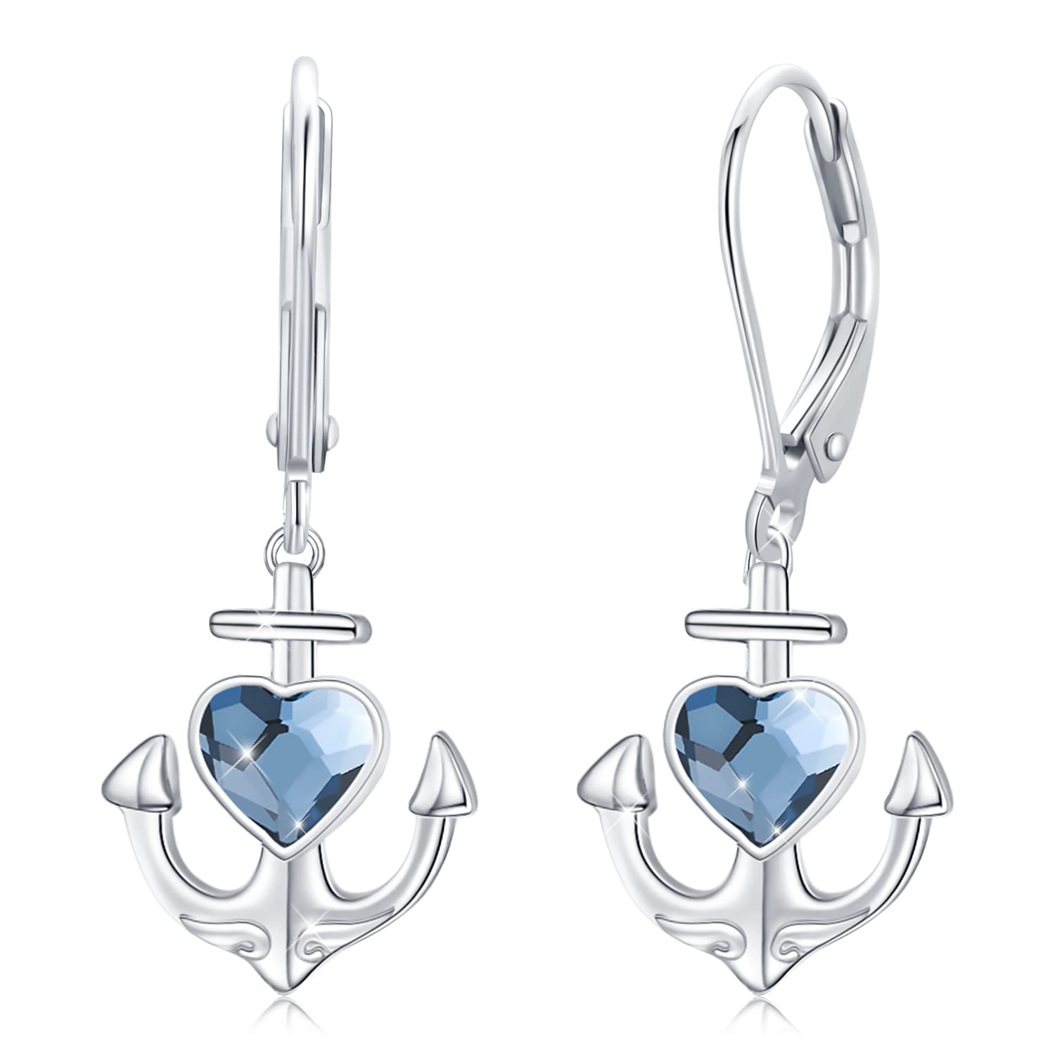 Hypoallergenic 925 Sterling Silver Blue Heart Crystal Leverback Earrings - Celtic, Angel & Nautical Anchor Designs for Women & Girls | Perfect Birthday Gifts, Everyday Wear & Special Occasions