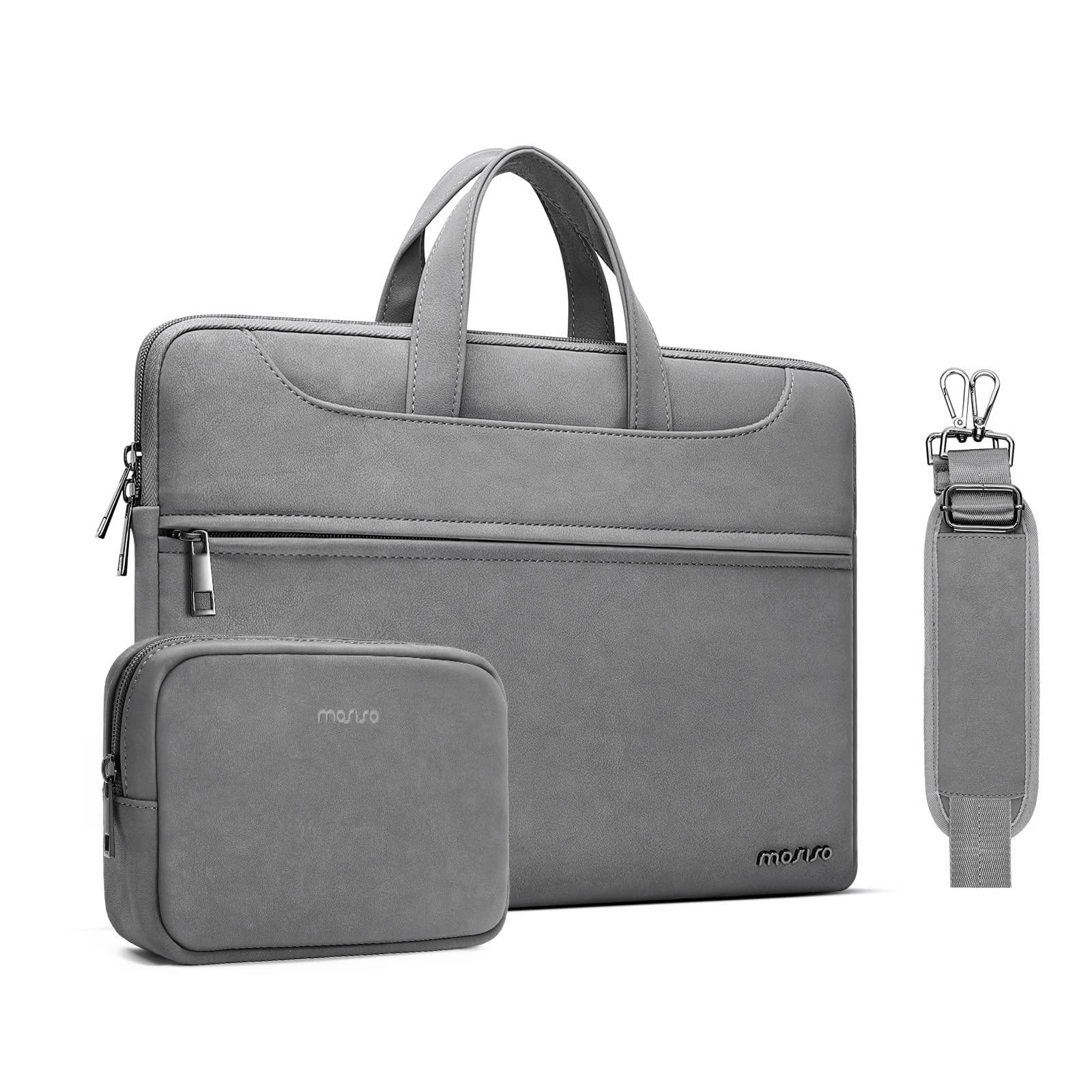 MOSISO Waterproof PU Leather Laptop Shoulder Bag for MacBook Air/Pro 13-13.3 inch & MacBook Pro 14 inch 2021 - Slim Notebook Sleeve with Front Zipper Pocket, Small Case & Adjustable Strap - Perfect for Work, Travel & School (Gray)