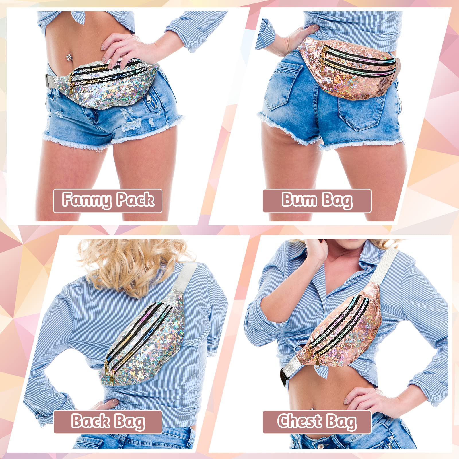 12-Piece Bachelorette Fanny Pack Set - Holographic Waist Bag for Bride & Bridesmaids | Waterproof Wedding Party Accessories (Champagne, Silver) | Perfect for Bachelorette Parties, Weddings & Festivals
