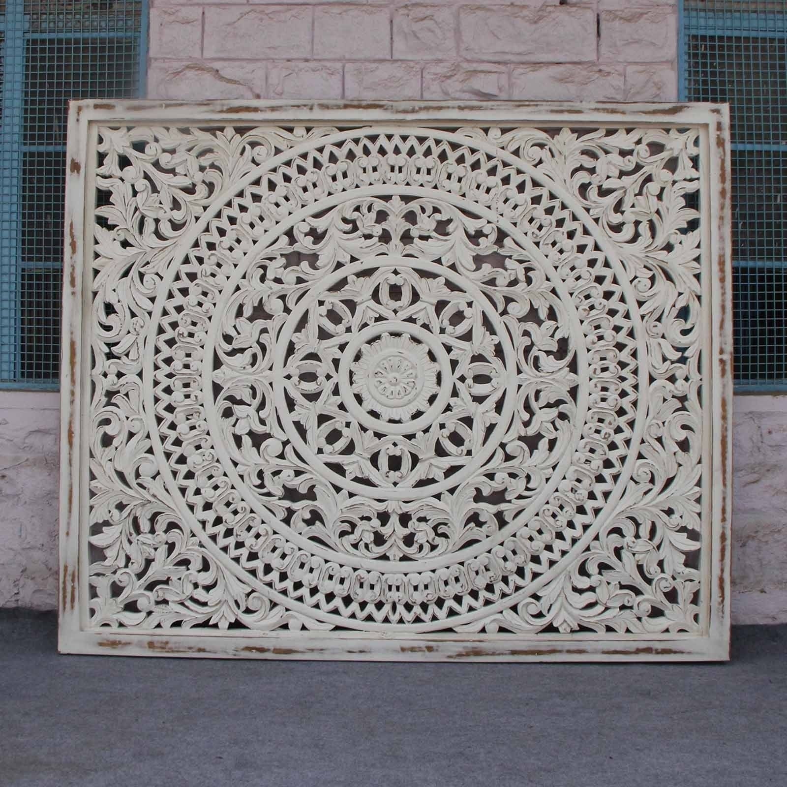 Handcrafted Dynasty Carved Panel Bed Headboard - Distressed Whitewash Finish for Farmhouse & Rustic Bedroom Decor | Perfect for Master Bedroom, Guest Room & Cozy Retreat