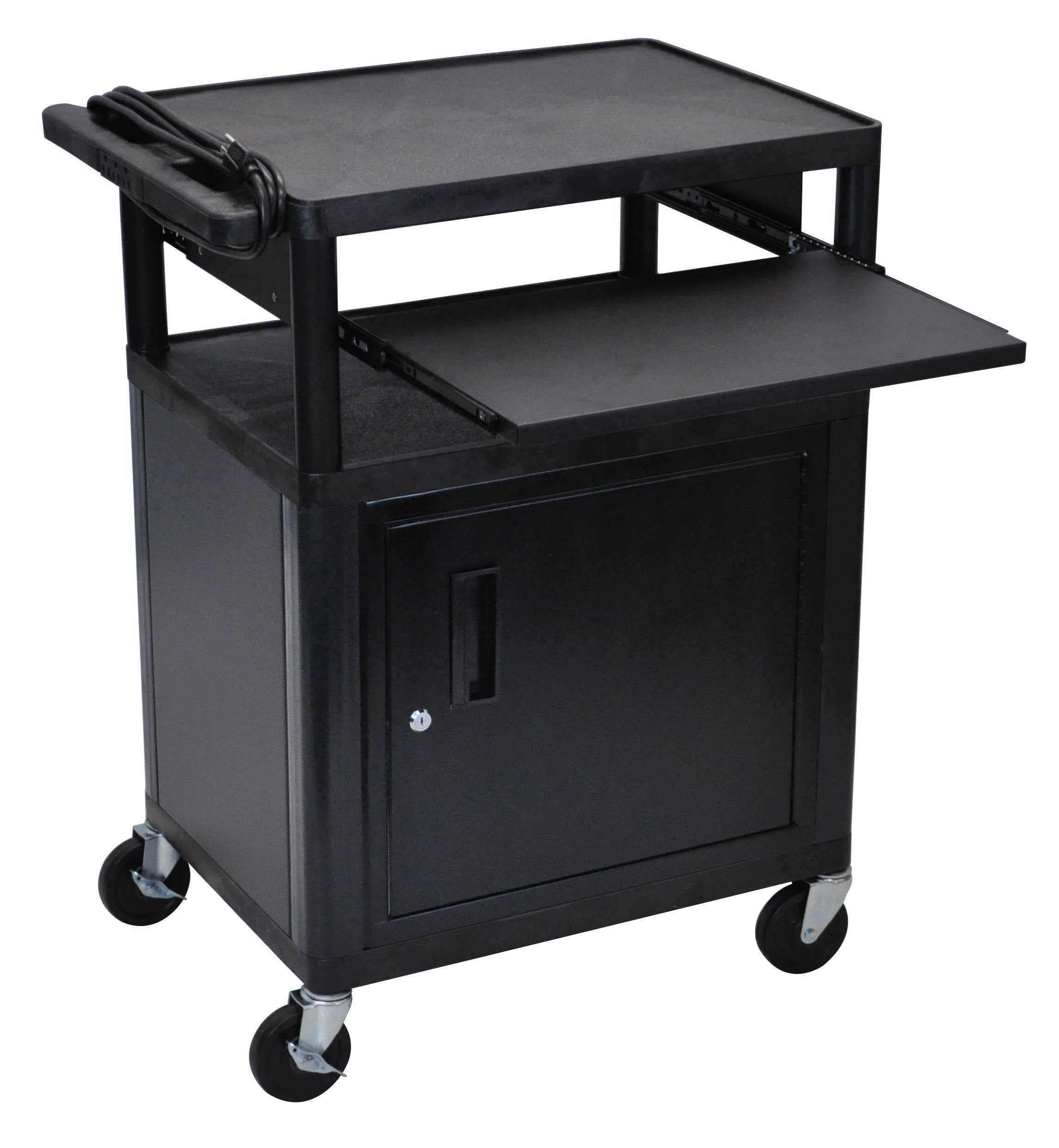 Luxor Endura Black 3-Shelf Presentation Cart with Cabinet & Pullout Shelf - Mobile Storage Solution for Office, Classroom, or Retail Display