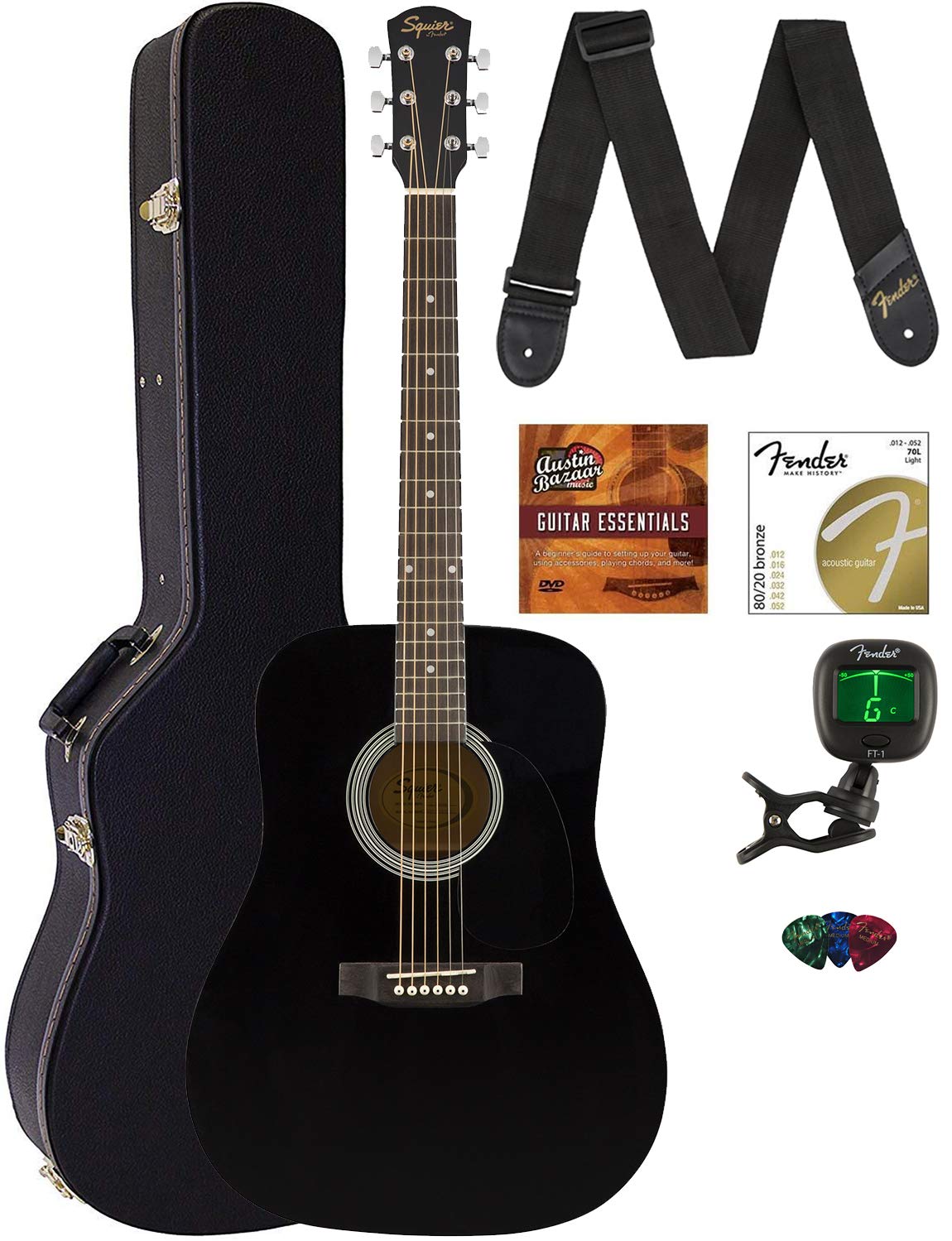 Fender CD-60S Solid Top Dreadnought Acoustic Guitar Bundle - Black with Hard Case, Tuner, Strap, Strings, Picks & Austin Bazaar DVD | Perfect for Beginners, Live Performances & Home Practice