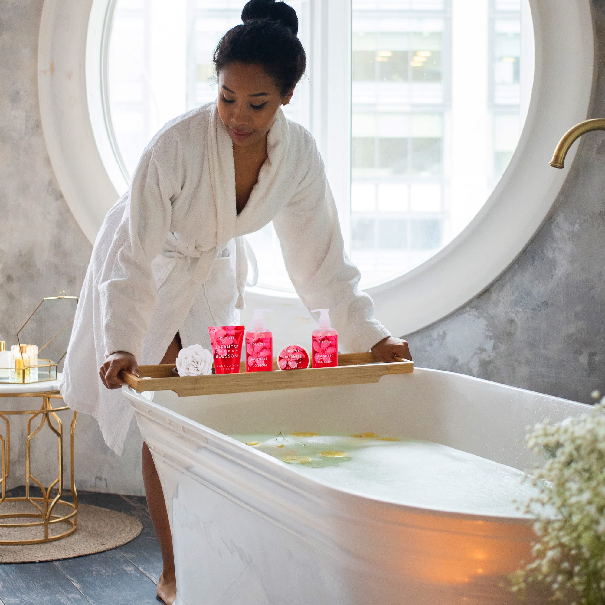 Luxury Spa Gift Set for Women - 4-Piece Bath & Body Basket with Rose, Cherry, Spearmint & Jasmine Scents | Includes Shower Gel, Bubble Bath, Loofah Puff, Body Butter & Lotion | Perfect Birthday, Mother's Day & Christmas Present | Relaxing Self-Care & Pampering Gift Idea