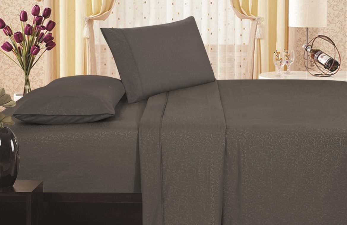 1800 Series Queen Size 4-Piece Vine Embossed Sheet Set - Soft Grey Luxury Bedding for Comfortable Sleep & Elegant Bedroom Decor