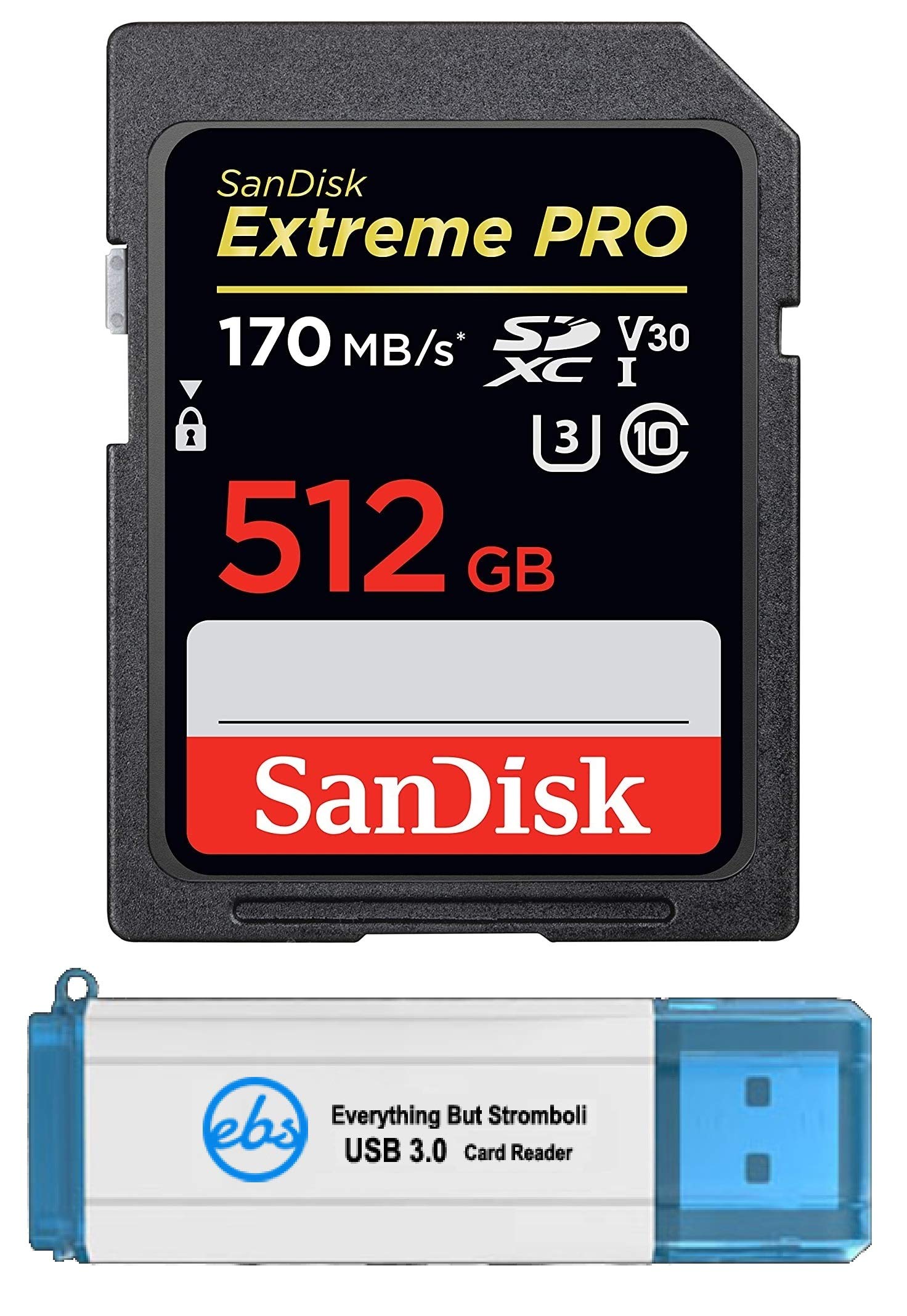 SanDisk Extreme Pro 512GB SDXC UHS-I Memory Card - High Speed Class 10 for 4K UHD Video - Compatible with Canon EOS R, M50, M100 (SDSDXXY-512G-GN4IN) - Perfect for Professional Photography, Vlogging, and Action Cameras - Bundle Includes 1 Everything But Stromboli 3.0 Card Reader