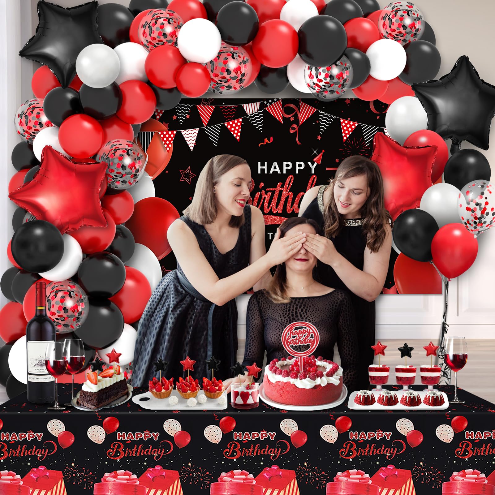 Red and Black Birthday Party Decorations Kit for Men, Women, Boys & Girls - Includes Balloon Arch, Garland, Happy Birthday Backdrop, Star Foil Balloons, Cake Toppers & Tablecloth | Perfect for Adult Birthday Parties, Gender Reveals & Anniversary Celebrations
