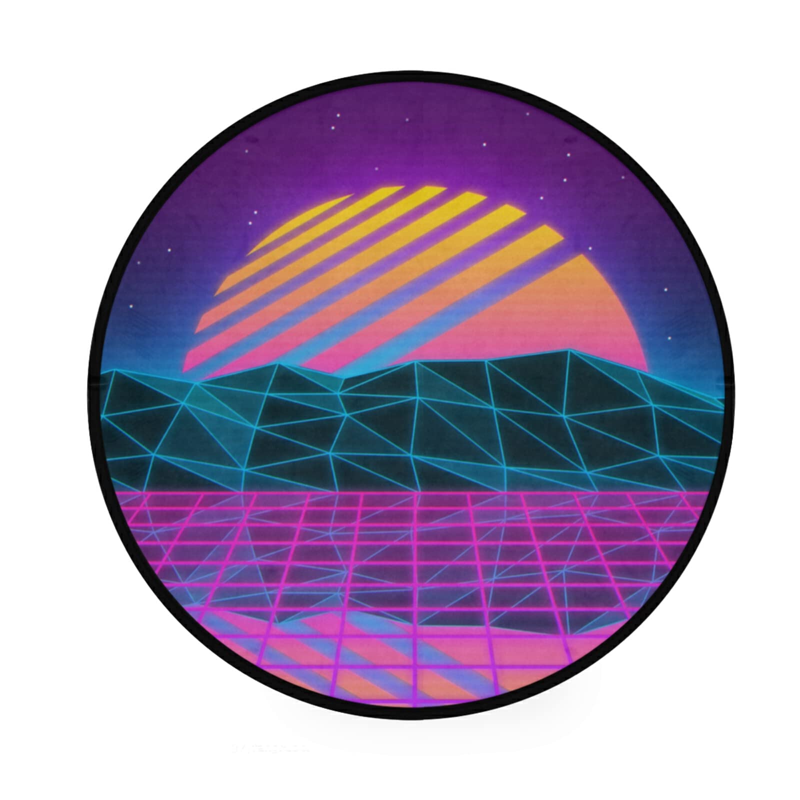 Non-Slip 3ft Round Area Rug - Soft Machine Washable Cartoon Vaporwave Purple Circle Carpet for Living Room, Bedroom & Nursery | Home Decor Floor Mat for Cozy Spaces & Kids Play Areas