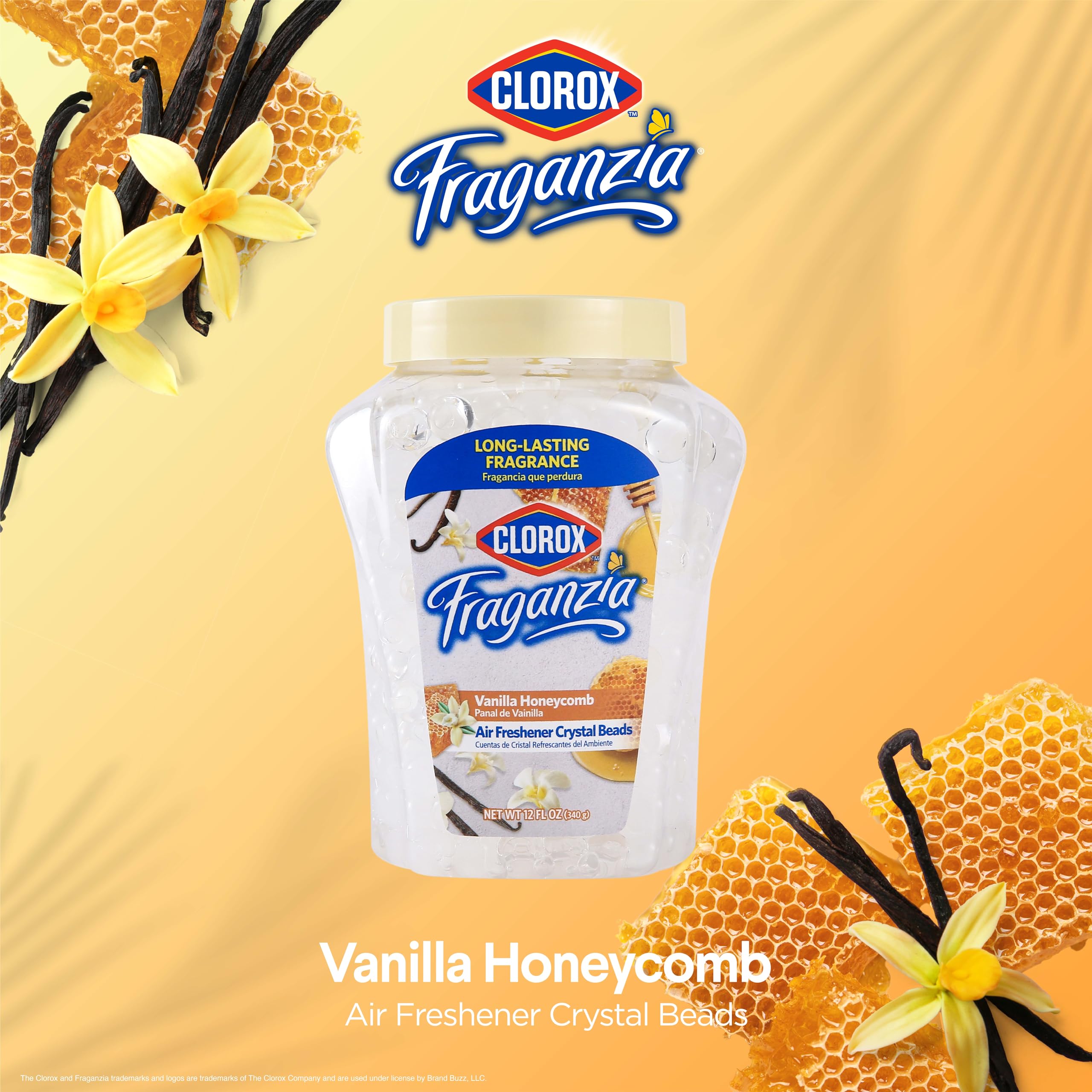 Clorox Fraganzia Air Freshener Crystal Beads Vanilla Honeycomb 12oz Jar - Long-Lasting Scent Beads for Home, Bathroom, Closet, Car & Office | Easy-Use Vented Jar | Freshens Air for Weeks | Perfect for Small Spaces, Pet Areas & Laundry Rooms