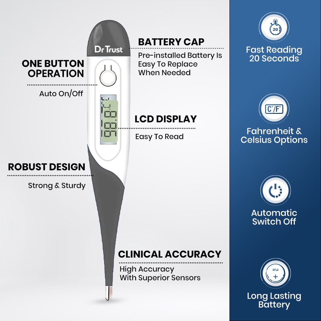 Dr Trust USA Flexible Tip Digital Thermometer 616 - Waterproof Fever Check for Babies, Kids & Adults - Oral, Rectal & Underarm Temperature Testing - Perfect for Home, Clinic & Travel Use