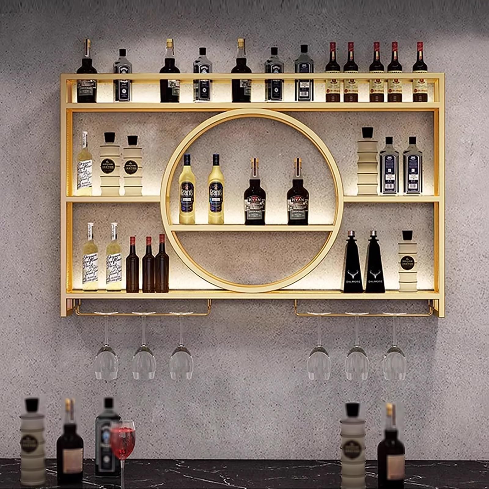 Modern Metal Wall Mounted Wine Rack with LED Lights - Floating Bar Shelf for Liquor Storage & Display - Iron Wine Holder with Glass Rack - Perfect for Kitchen, Living Room, Home Bar & Cafe Decor