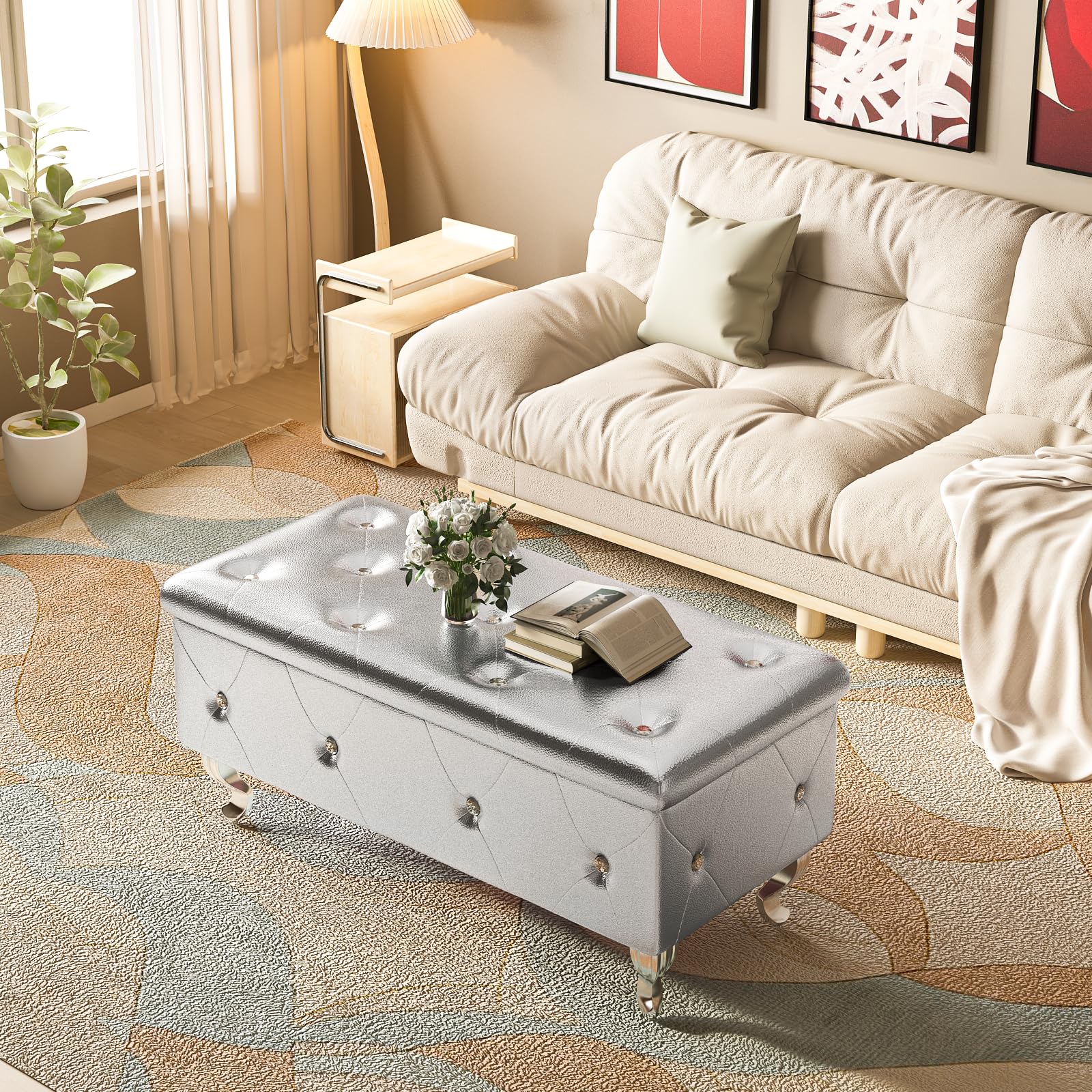 DKLGG Leather Storage Ottoman Bench with Seating - Upholstered Footrest Stool for Bedroom, Living Room & Entryway - Silver - Perfect for Extra Seating, Shoe Storage & Home Organization