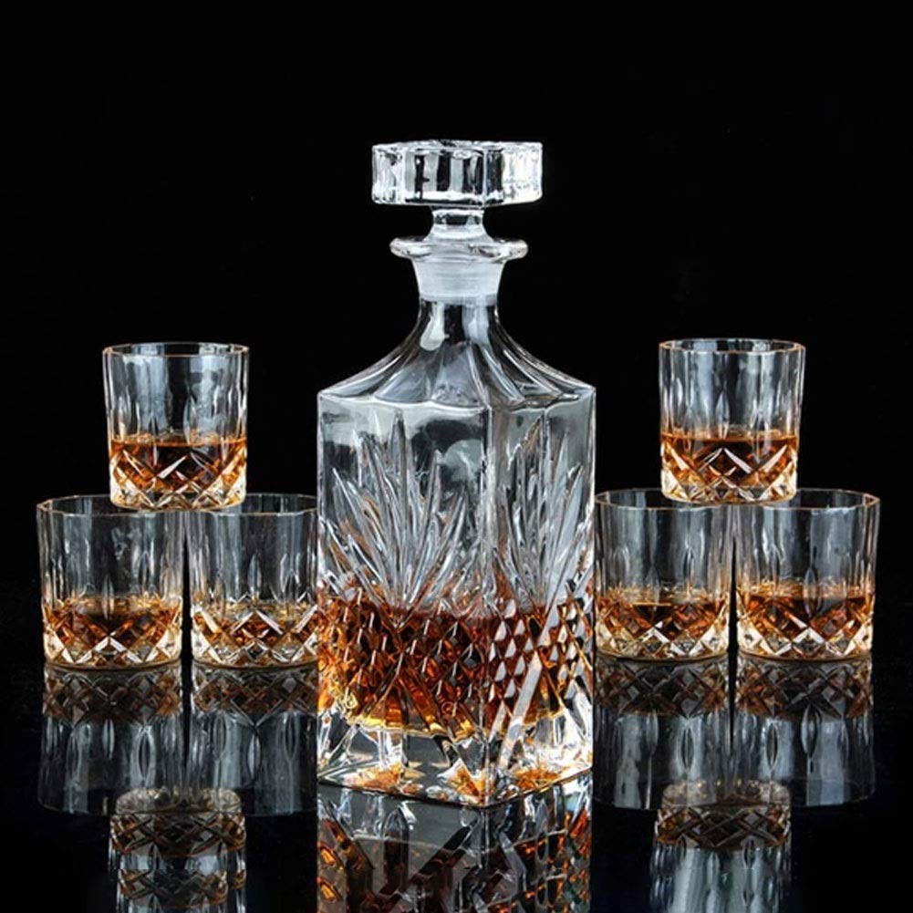 Premium Whiskey Decanter Set - 6-Piece Crystal Glass Decanter with Whisky Cups & Wine Glasses - Elegant Home Bar Accessories for Bourbon, Scotch, Red Wine & Champagne - Perfect for Gifts, Dinner Parties & Romantic Evenings