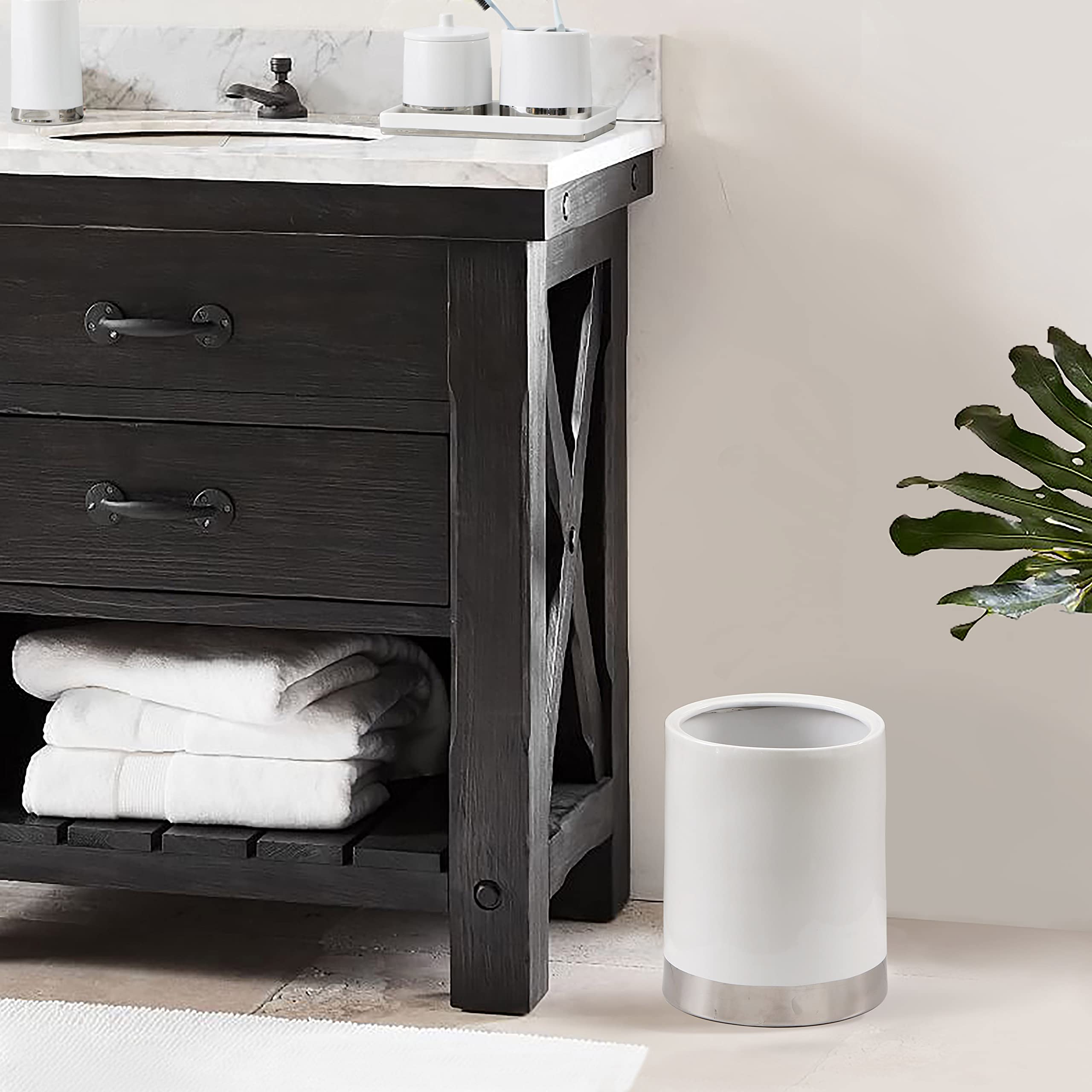 Ceramic Decorative Trash Can for Bathroom - Elegant White & Silver Waste Bin | Perfect for Powder Rooms, Guest Baths & Spa-Style Vanities