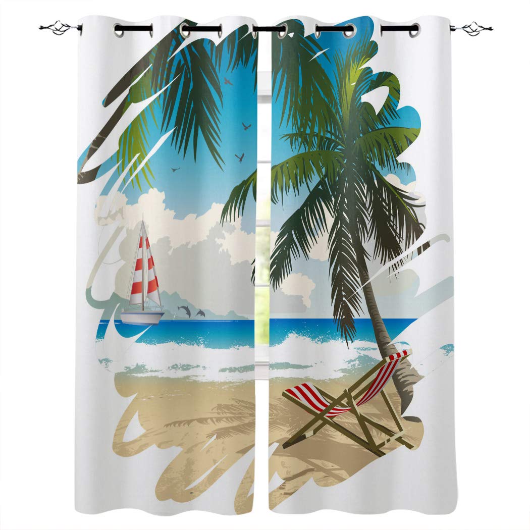 Blackout Curtains for Bedroom - Thermal Insulated Room Darkening Drapes with Tropical Ocean Beach & Coconut Palm Tree Design (2 Panels, 40x84 Inch) - Perfect for Coastal Decor, Nursery, or Home Theater Light Control