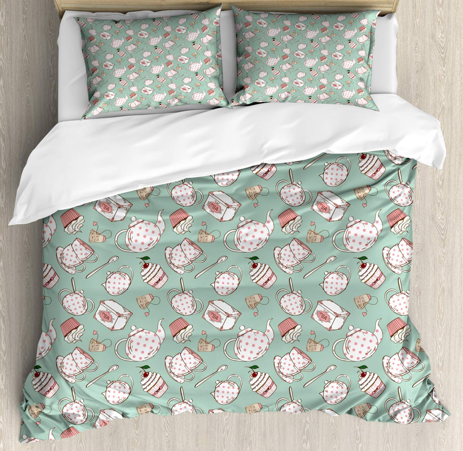Ambesonne Tea Party Duvet Cover Set - Polka Dot Teapot & Cupcake Design with Cherry Teabag Print | 3-Piece Decorative Bedding Set with 2 Pillow Shams | California King Size in Almond Green Coral | Perfect for Vintage Tea-Themed Bedrooms & Cozy Afternoon Tea Time