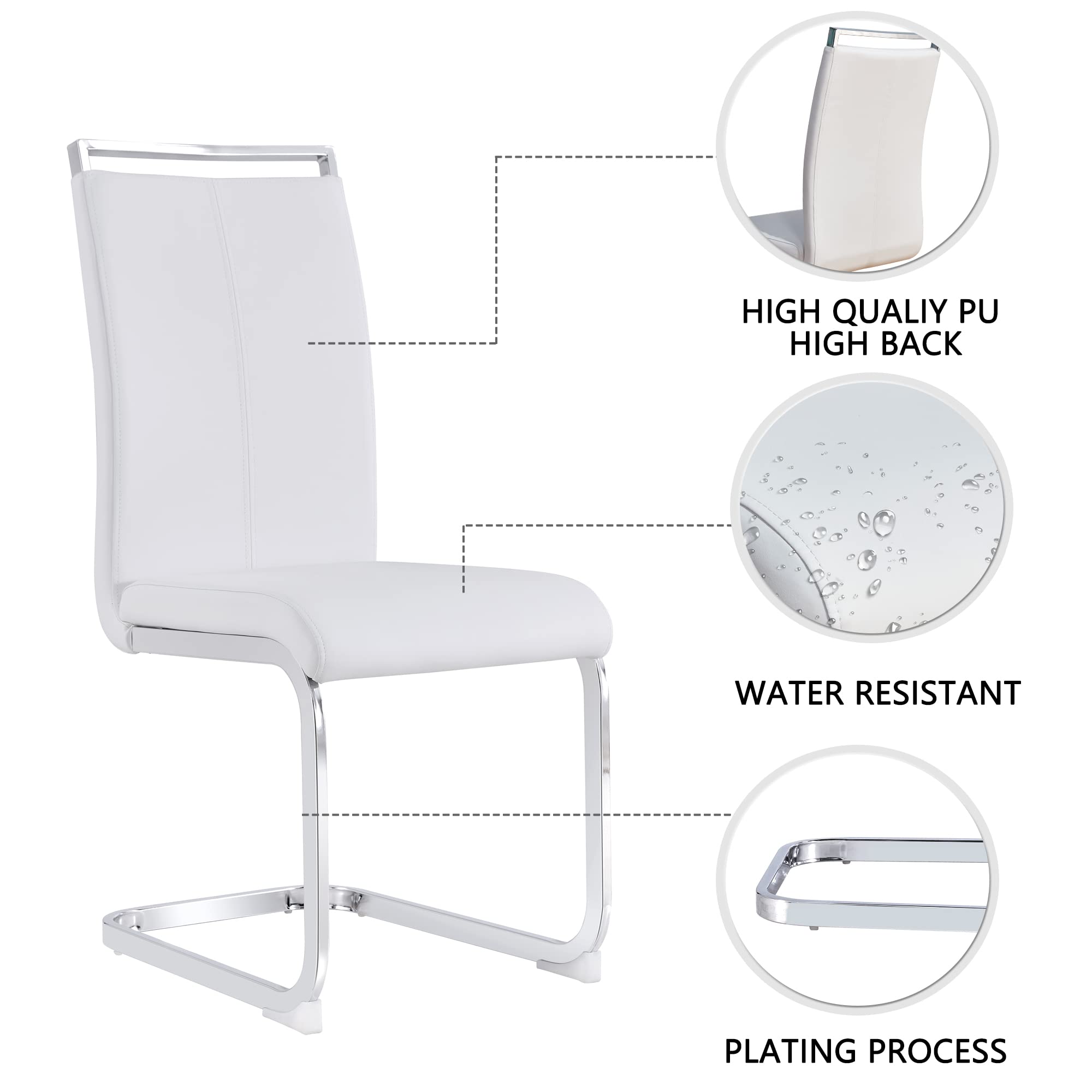 Modern Metal Dining Chairs Set of 2 - High Back Faux Leather Padded Seats with Sturdy Chrome Legs - White Kitchen & Dining Room Chairs for Home, Restaurant, or Office Use