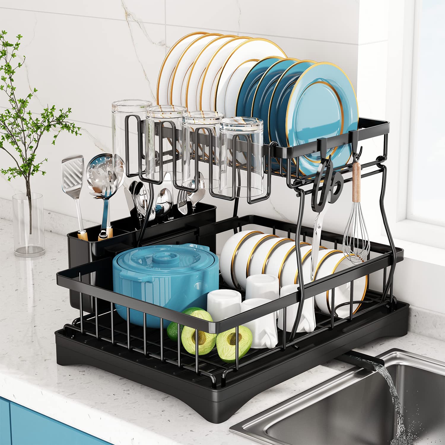 2-Tier Stainless Steel Dish Drying Rack with Drainboard & Utensil Holders - Large Space-Saving Kitchen Counter Organizer for Plates, Cups & Cutlery - Perfect for Small Kitchens, Apartments & RV Use