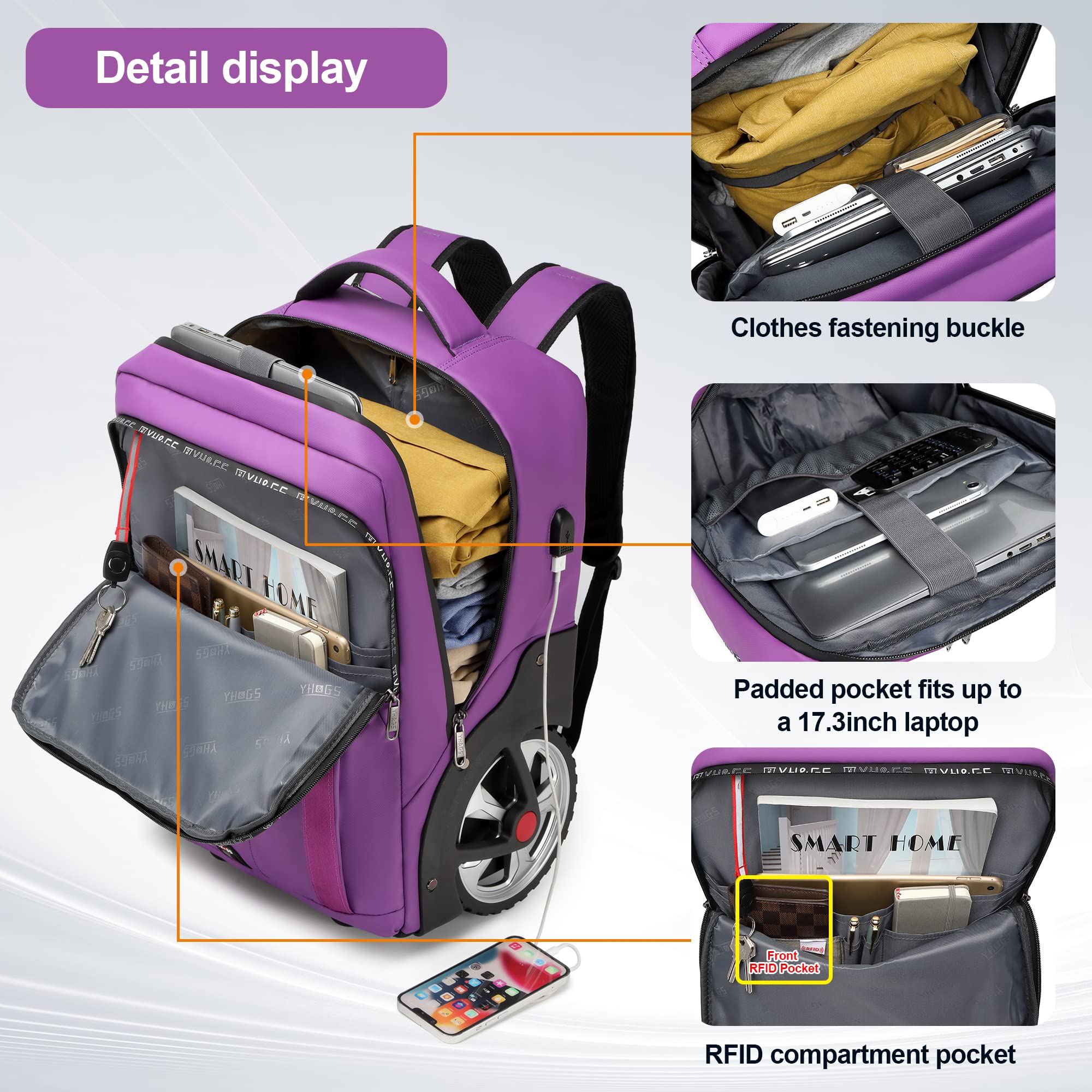 Rolling Backpack with Wheels - Travel Laptop Backpack for Women & Men, Carry-On Luggage with USB Charging Port, Fits 17.3 Inch Notebook - Perfect for Business Trips, College, Commuting & Air Travel (Purple)