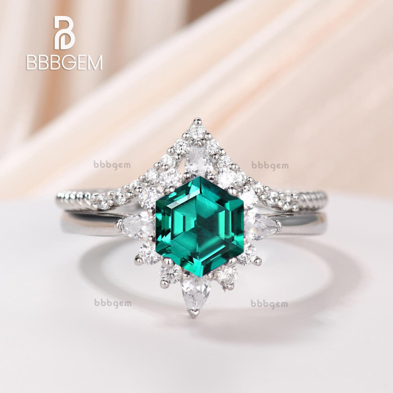 Hexagon Lab Emerald Silver Ring Set - White Gold Plated Curved Elongated Rope Diamond Chevron Band for Women - Perfect for Weddings, Anniversaries & Special Occasions