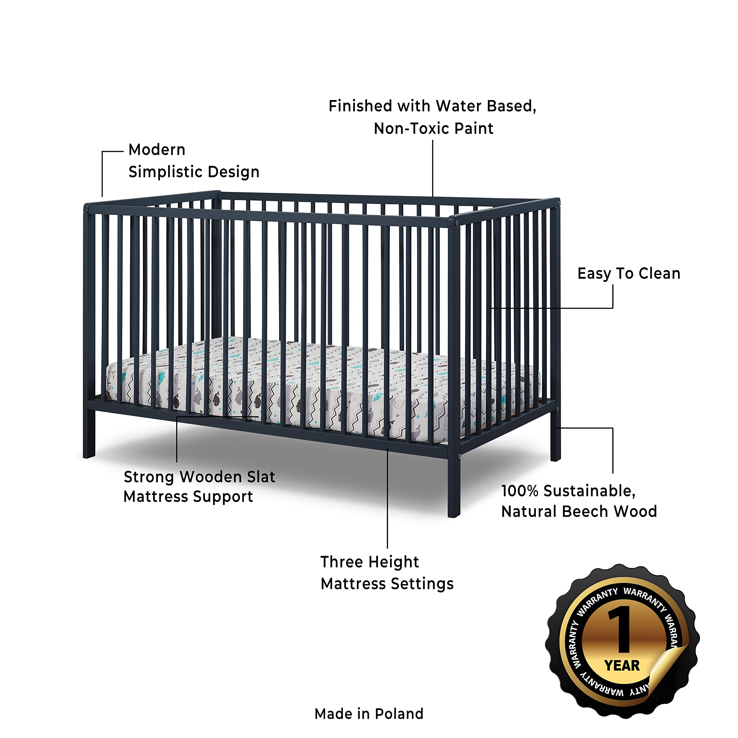 Sorelle Furniture Happy Crib 3-in-1 Convertible Crib - Sustainable Beech Wood Baby Crib, Toddler Bed & Daybed | Safe Nursery Furniture for Newborns & Kids | Perfect for Modern Nursery & Bedroom Decor (Midnight)