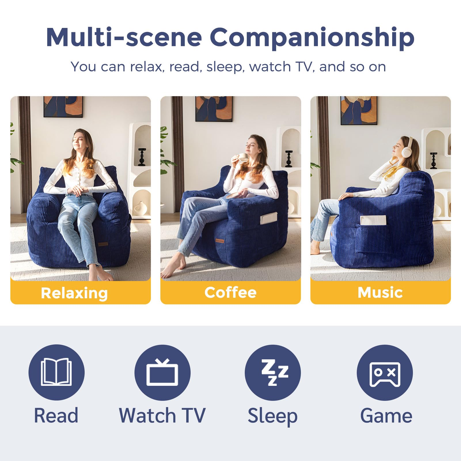 MAXYOYO Tufted Corduroy Bean Bag Chair with Filler - Comfortable Lazy Couch for Adults & Teens in Beige | Perfect for Living Room, Bedroom & Dorm Relaxation