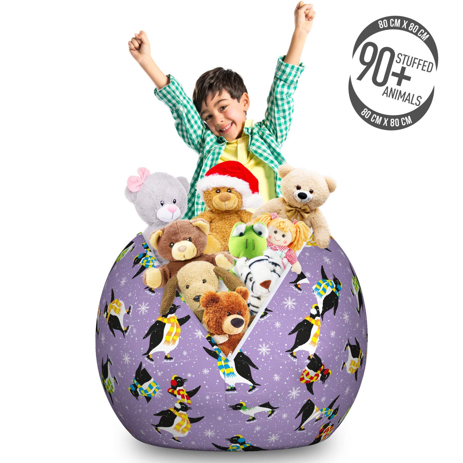 Ambesonne Winter Toy Storage Bag Chair - Large Washable Stuffed Animal Organizer with Penguin & Snowflake Design in Lavender & Multicolor | Perfect for Kids' Room, Playroom & Seasonal Storage