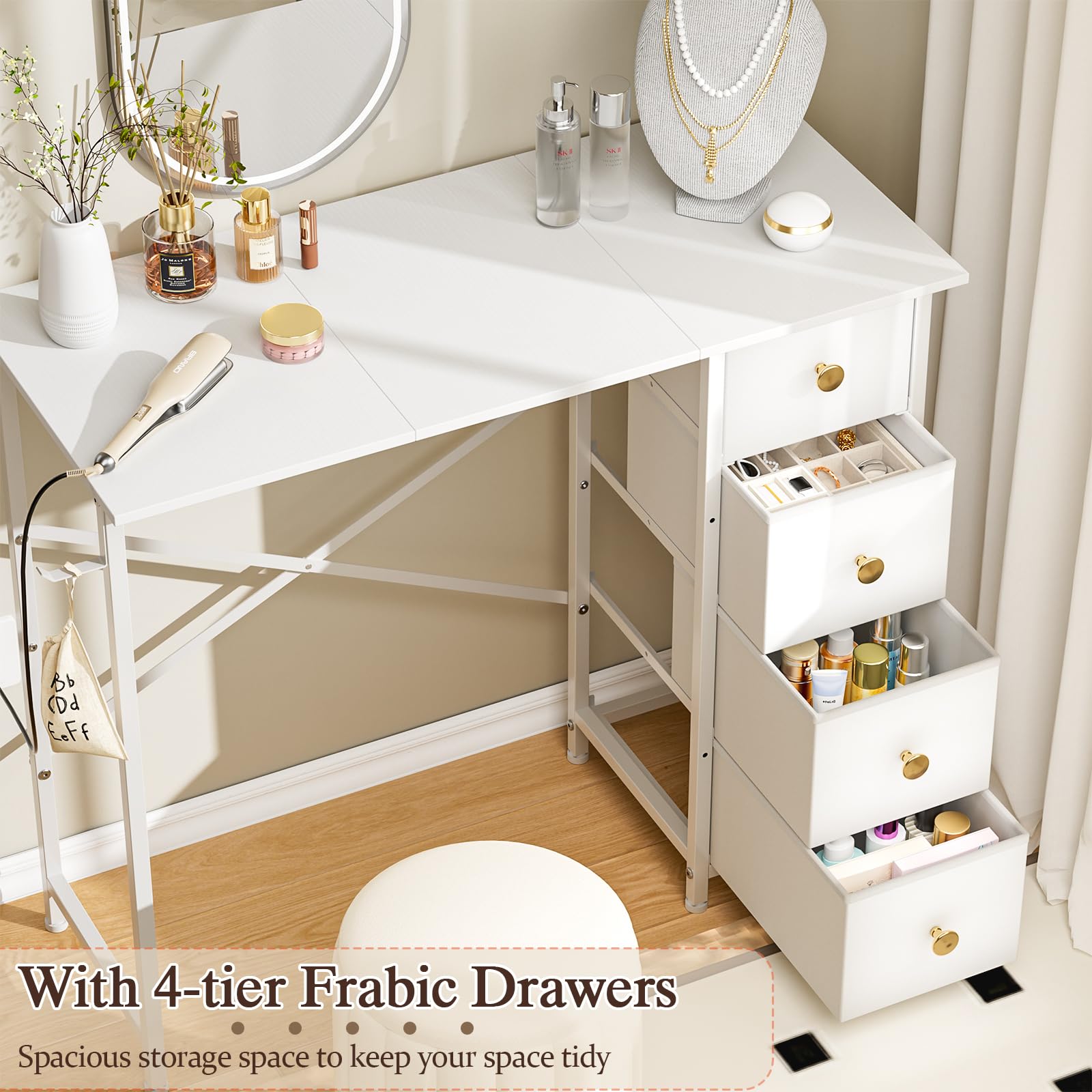 Vanity Desk No Mirror, Small Makeup Vanity Table with 4 Fabric Drawers, White Dressing Table for Small Spaces - 35.4 Inch Girls Bedroom Makeup Desk with Iron Hook | Perfect for Compact Bedrooms, Dorm Rooms & Apartment Decor