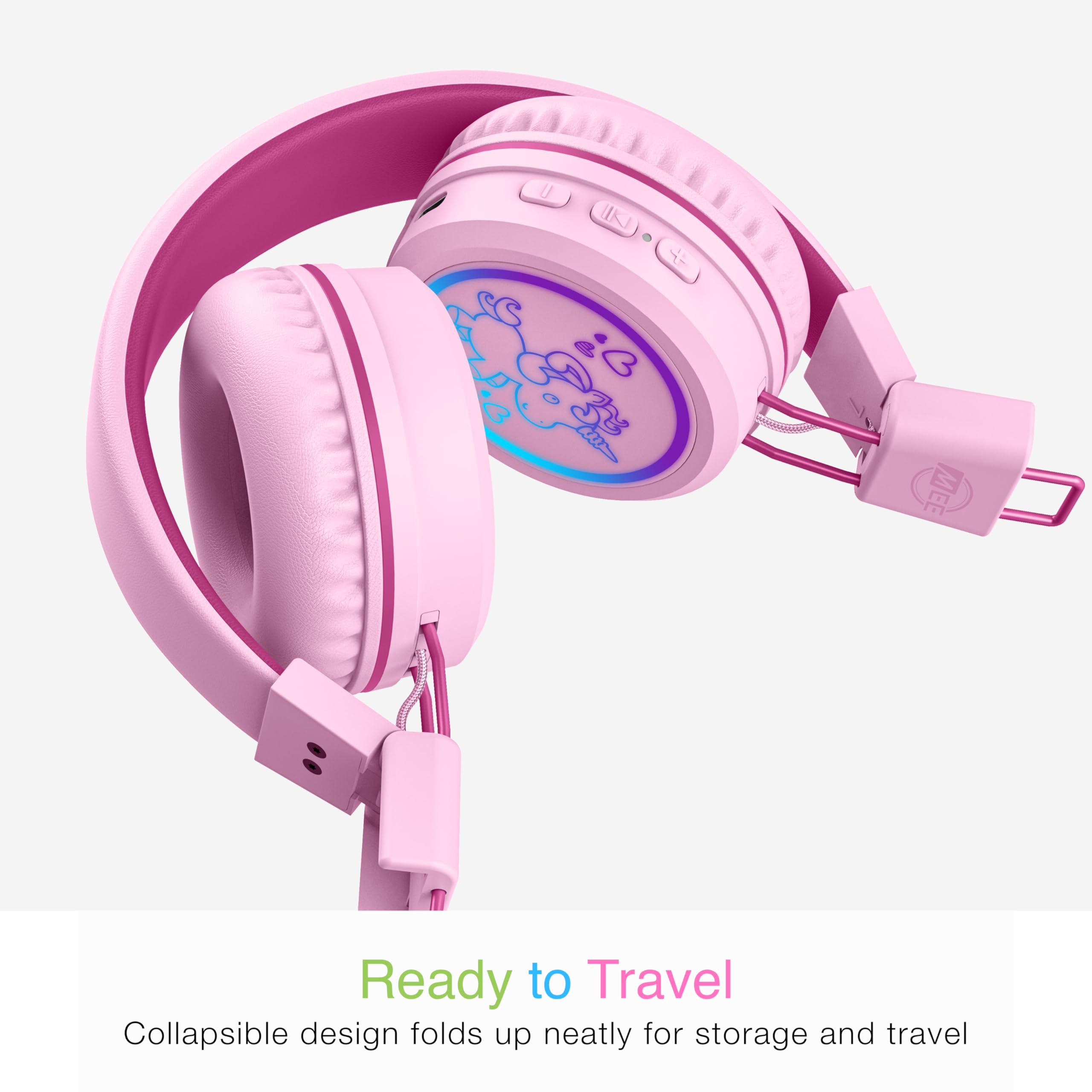 MEE audio KidJamz KJ55BT Bluetooth Wireless Kids Headphones with LED Lights - 85dB Volume Limiter, Built-in Mic & 40H Battery - Safe Listening Headphones for Children - Perfect for School, Online Learning, iPhone, iPad, Tablet & Travel (Pink)
