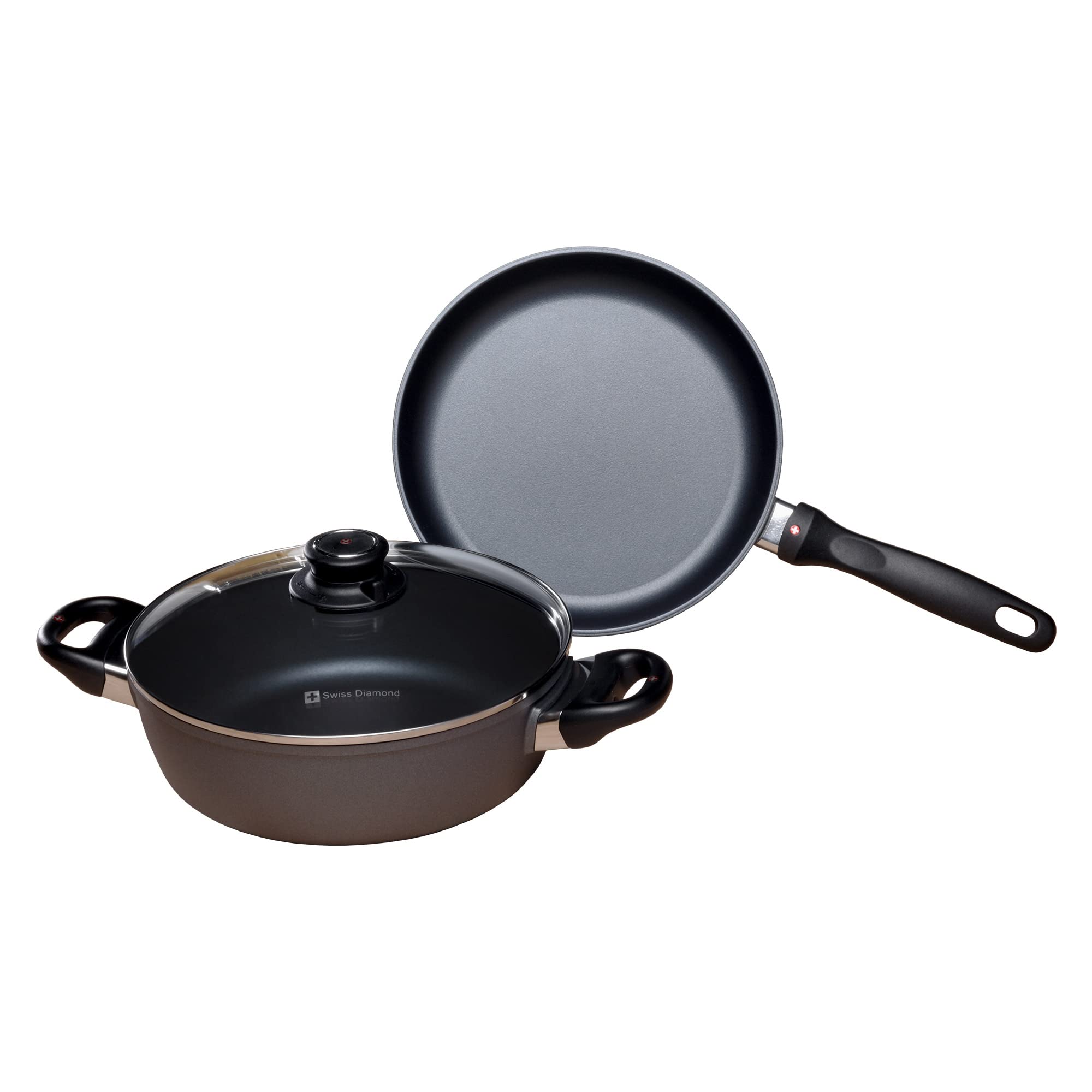 Swiss Diamond 3-Piece Induction Cookware Set - Nonstick Fry Pan & Casserole with Lids, Oven & Dishwasher Safe HD Diamond Coated Aluminum Pots and Pans, Gray - Perfect for Home Cooking, Baking & Family Meals