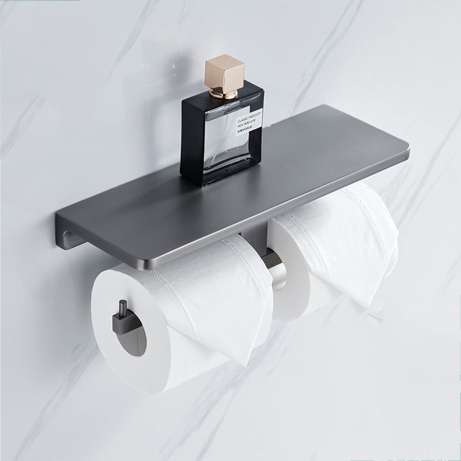 Double Toilet Paper Holder with Shelf - Wall Mounted Bathroom Tissue Dispenser & Phone Storage | Gun Grey Bathroom Accessories for Modern Homes