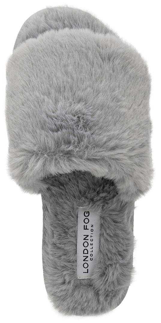 London Fog Women's Faux Fur Slippers - Cozy Open Toe Indoor/Outdoor House Shoes for Women | Perfect for Lounging, Spa Days & Quick Errands