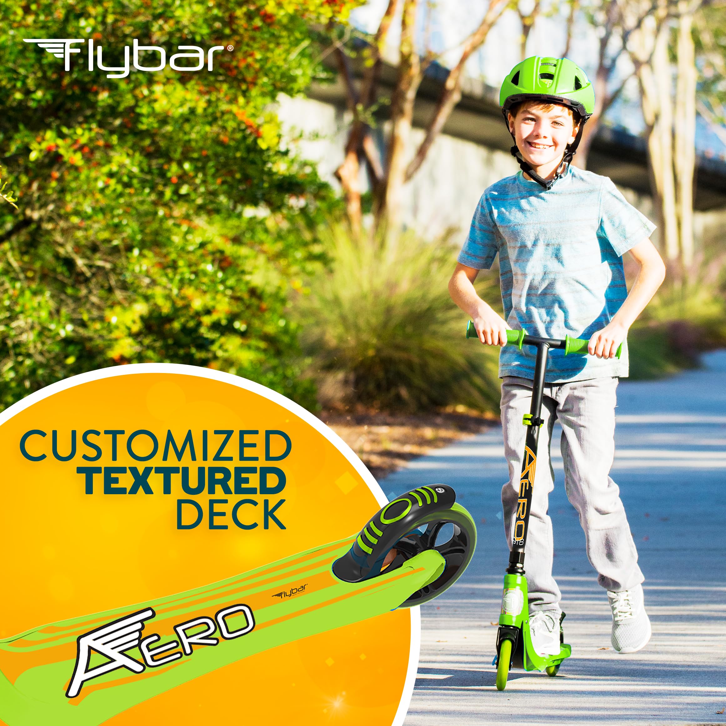 Flybar Aero Kids Scooter - Adjustable 2 Wheel Kick Scooter with Rear Brake & Foldable Design | Durable Outdoor Scooter for Boys & Girls Ages 5+ | Perfect for Park Rides, Neighborhood Commuting & School Playground Fun