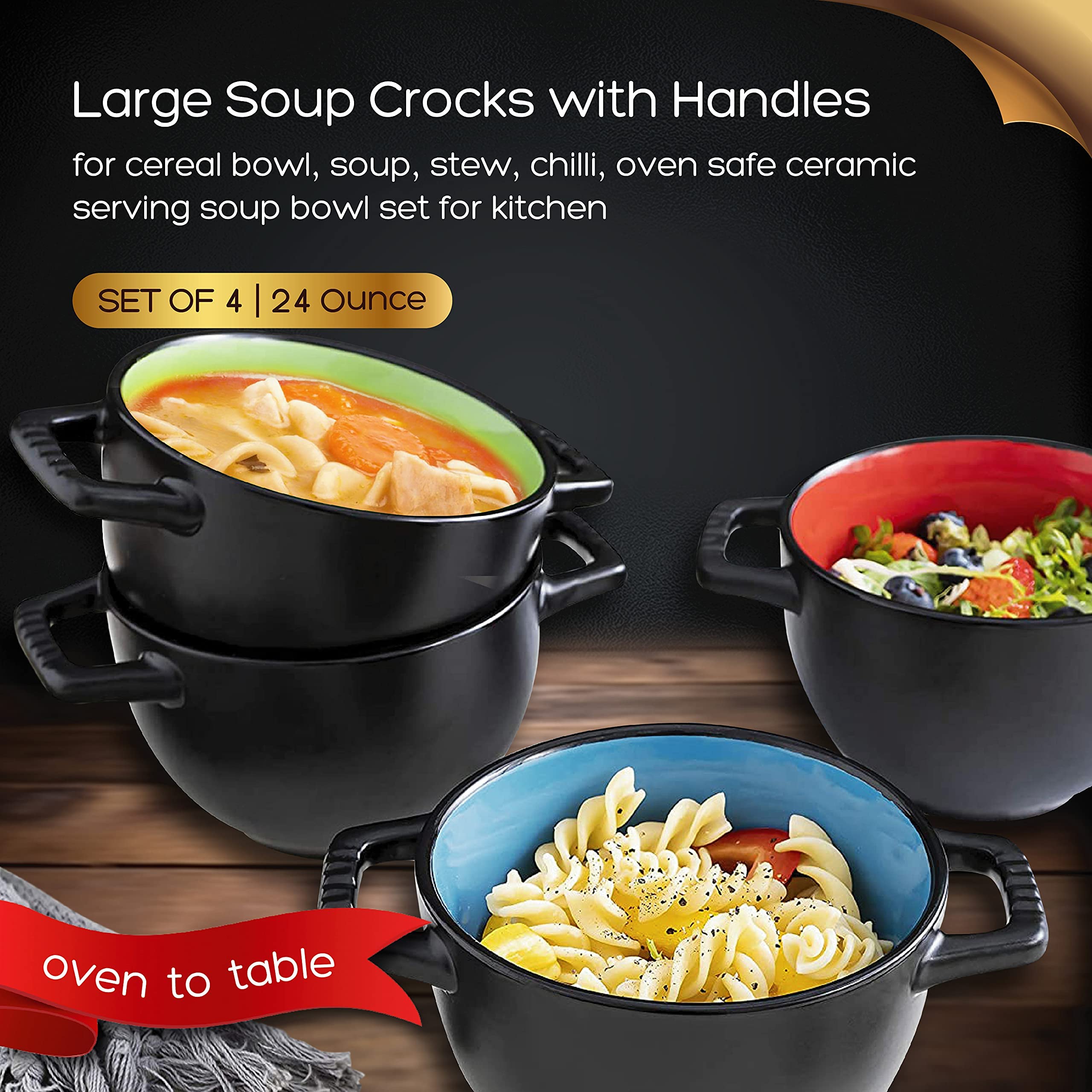 Bruntmor 24 oz French Onion Soup Bowls with Handles - Set of 4 Ceramic Oven Safe Crocks for Soup, Pasta, Cereal, Dessert - Microwave, Dishwasher & Broiler Safe - Perfect for Dining, Entertaining & Gifts (Black/Multicolor)