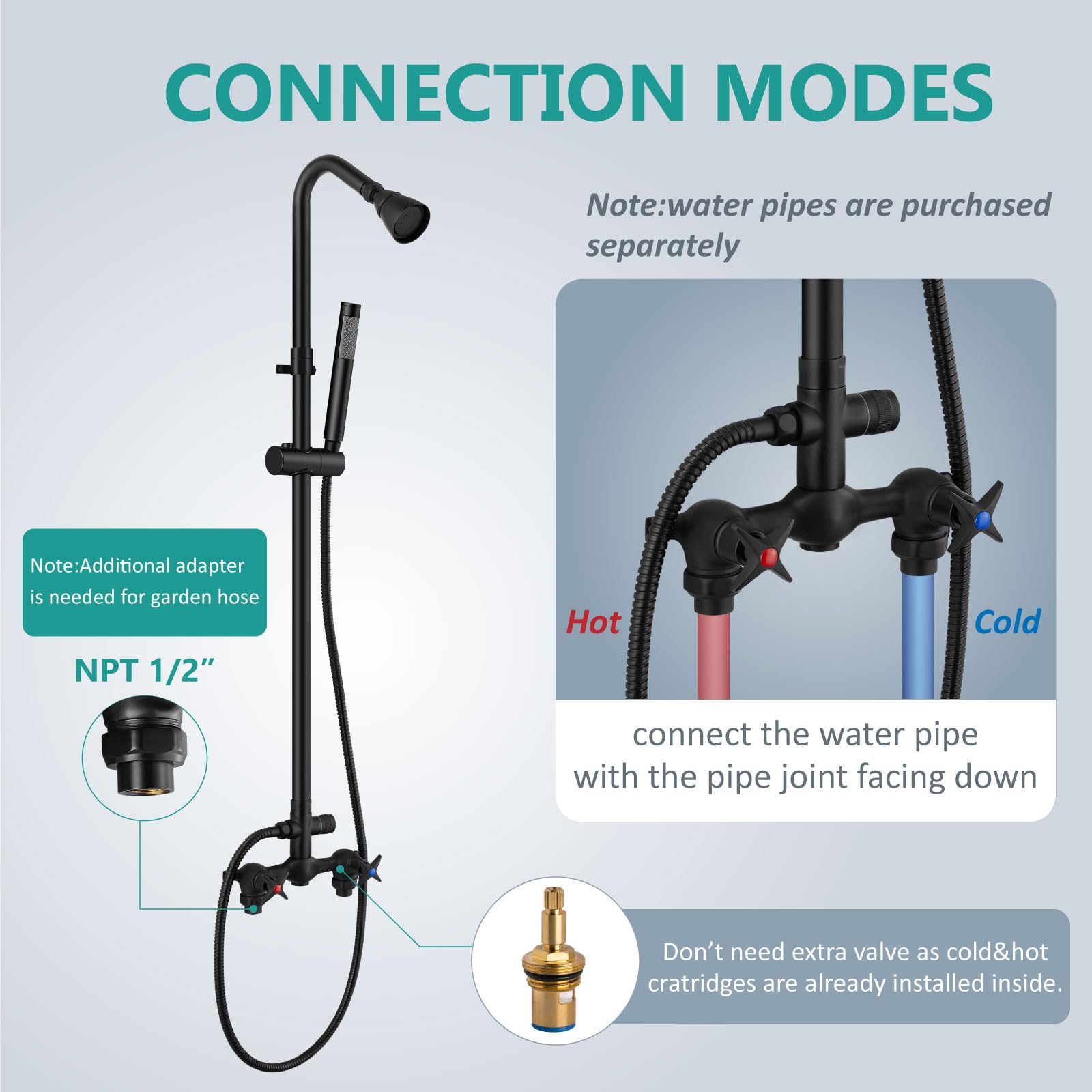 Aolemi Matte Black Wall Mount Outdoor Shower Kit with Handheld Spray - 6 Inch Center Exposed Double Handle Faucet System - Perfect for Poolside, Beach House, Garden & Backyard Use