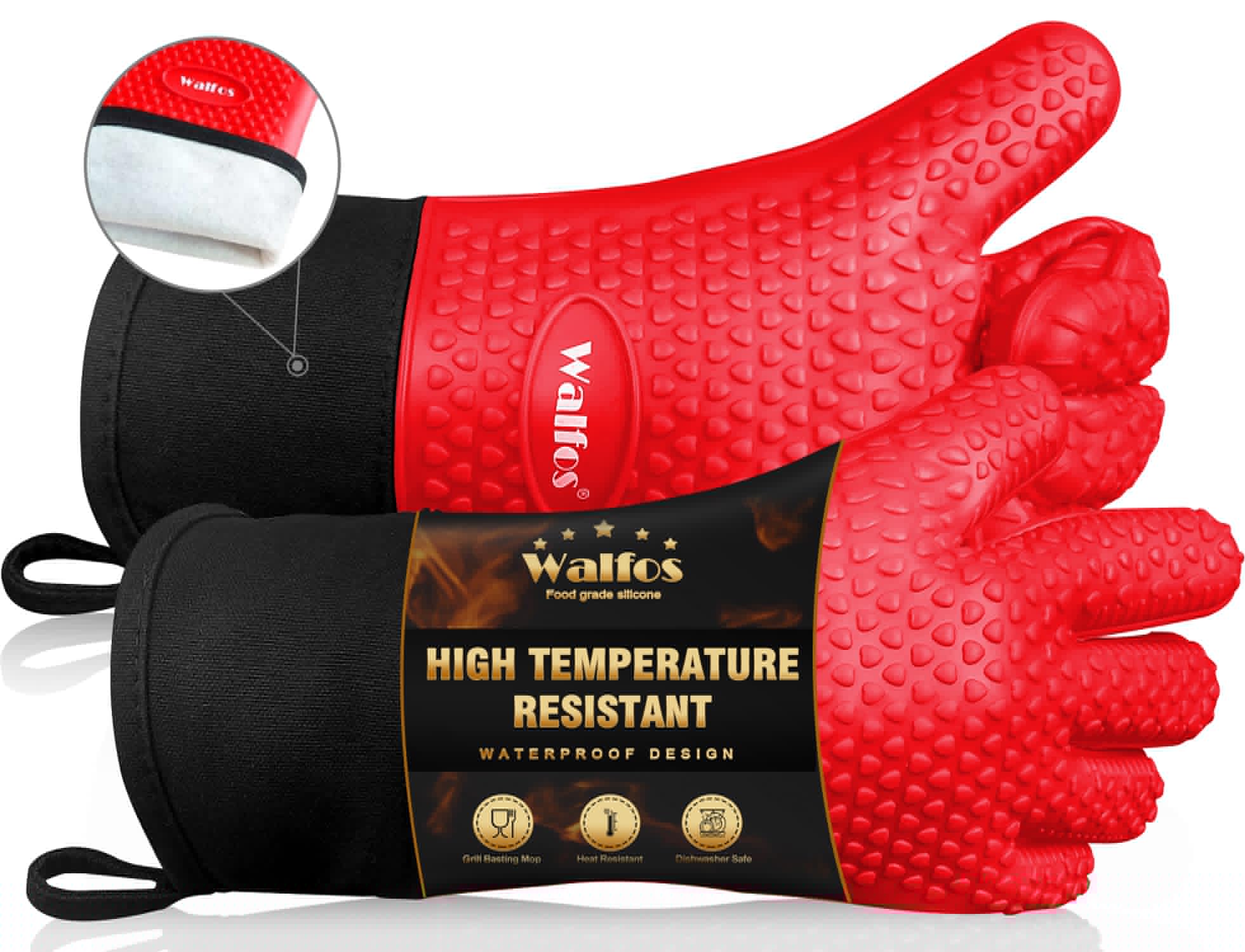 Walfos Heat Resistant BBQ Gloves - Premium Non-Slip Silicone Grilling & Oven Mitts with Cotton Lining, Waterproof Kitchen Gloves for Cooking, Baking, Barbecue & Outdoor Grilling - Perfect for Backyard BBQs, Camping & Home Kitchen Use (Red)