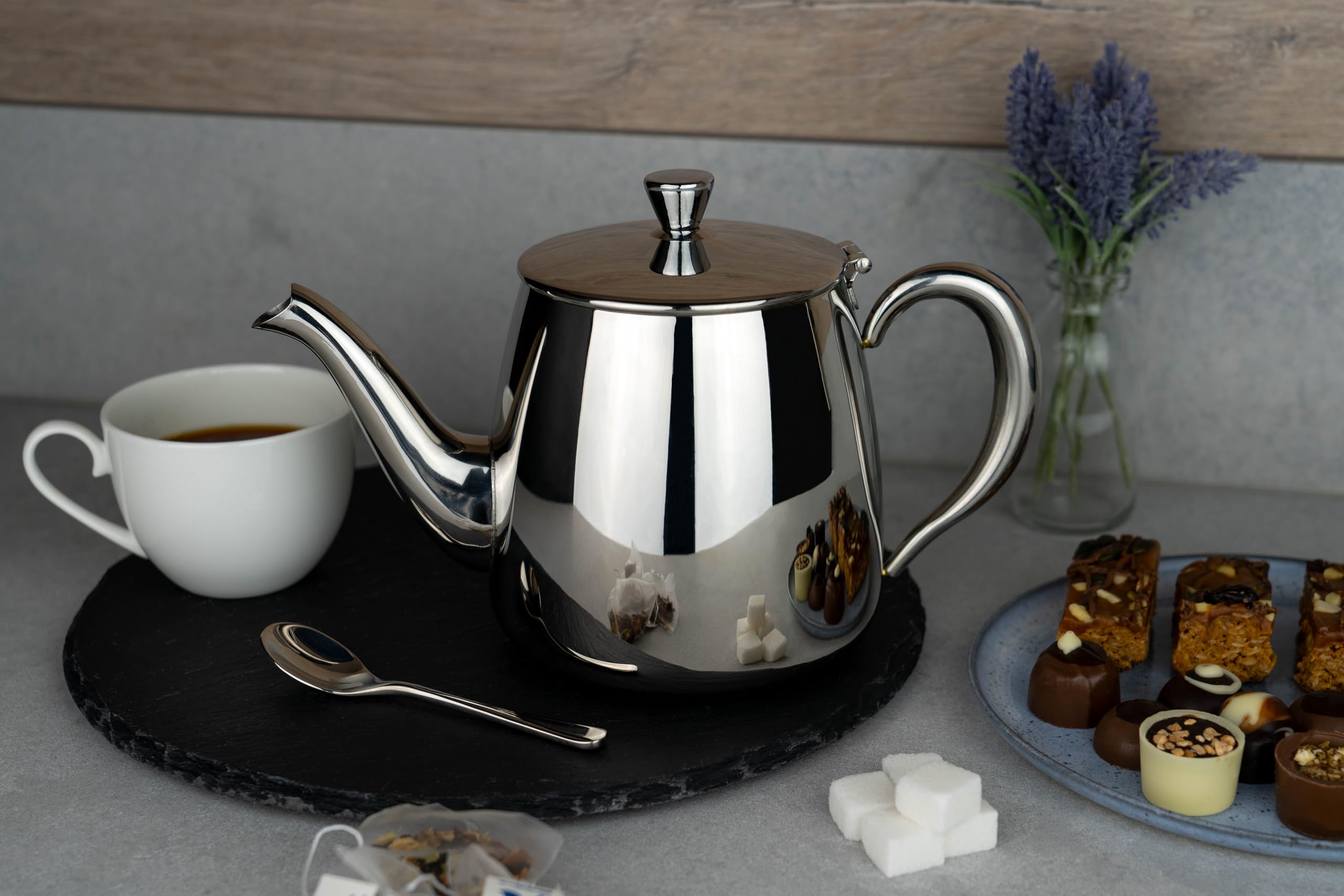 Premium 70oz Stainless Steel Tea Pot - 18/10 Mirror Polished Silver with Stay-Cool Hollow Handles & Perfect Pour Spout - Ideal for Iced Tea, Coffee Brewing & Kitchen Decor (Café Olé PT-070)