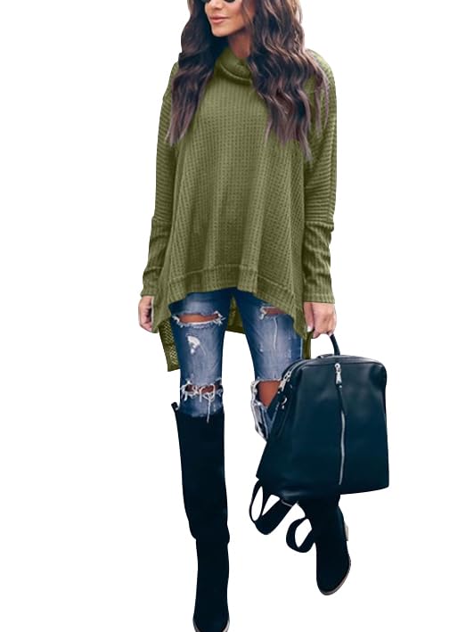 Caracilia Women's Oversized Turtleneck Sweater - Batwing Long Sleeve Waffle Knit Pullover with Split Hem | Cozy Winter Tunic Top for Casual Outfits, Office Wear & Date Nights 2024